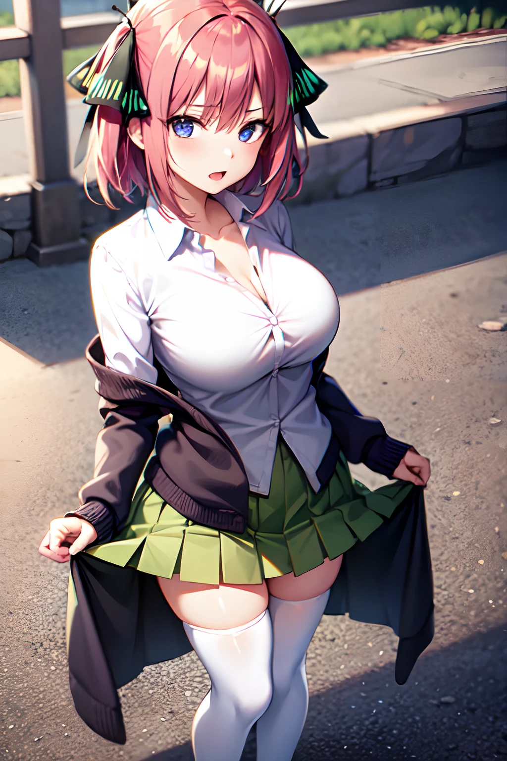masutepiece, Best Quality, hight resolution, Nakano Nino, 1girl in, Solo, Pink hair, Short hair, busty, butterfly hair ornament, Large breasts, cleavage, Green skirt, Black cardigan,White shirt, Collared shirt, Open your clothes, black thighhighs, Short sleeves, Skirt lift, Looking at Viewer, blush, Foot braids, Standing, Background town,爆乳