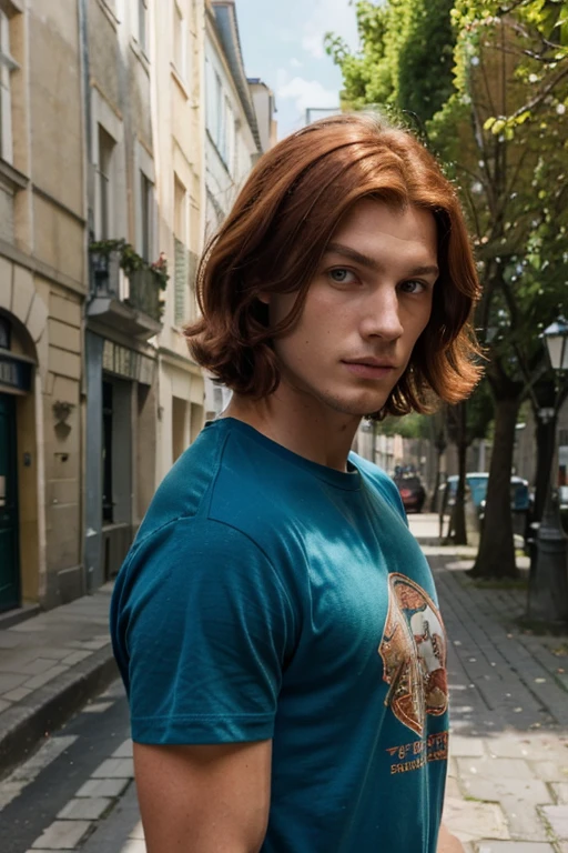 homme, 18 ans, 80kg, 180cm, Coppery red hair, coupe business, barbe naissante, Yeux verts , t shirt court couleur abricot, Slightly muscular , petite rue parisienne, Spring Day,