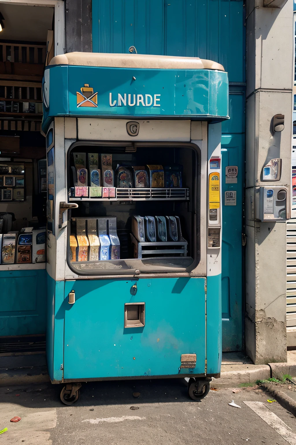 cenario de um carro encostado na rua e que do lado do carro tem uma maquina de vending e do lado da maquina de vending tem um gerador de energia
