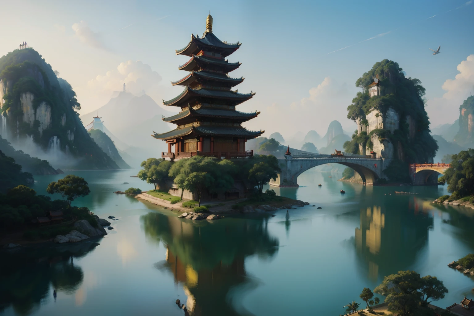 Pintura de uma aldeia chinesa com uma ponte sobre um rio, Tran Ross. scenic background, Pintura digital de um pagode, Cyberpunk Chinese Ancient Castle, Cidade chinesa sonhadora, pintura digital altamente detalhada, pintura digital muito detalhada, detailed scenery—width 672, wlop e Tran Ross, pintura detalhada 4K, arte conceitual digital detalhada, arte digital altamente detalhada