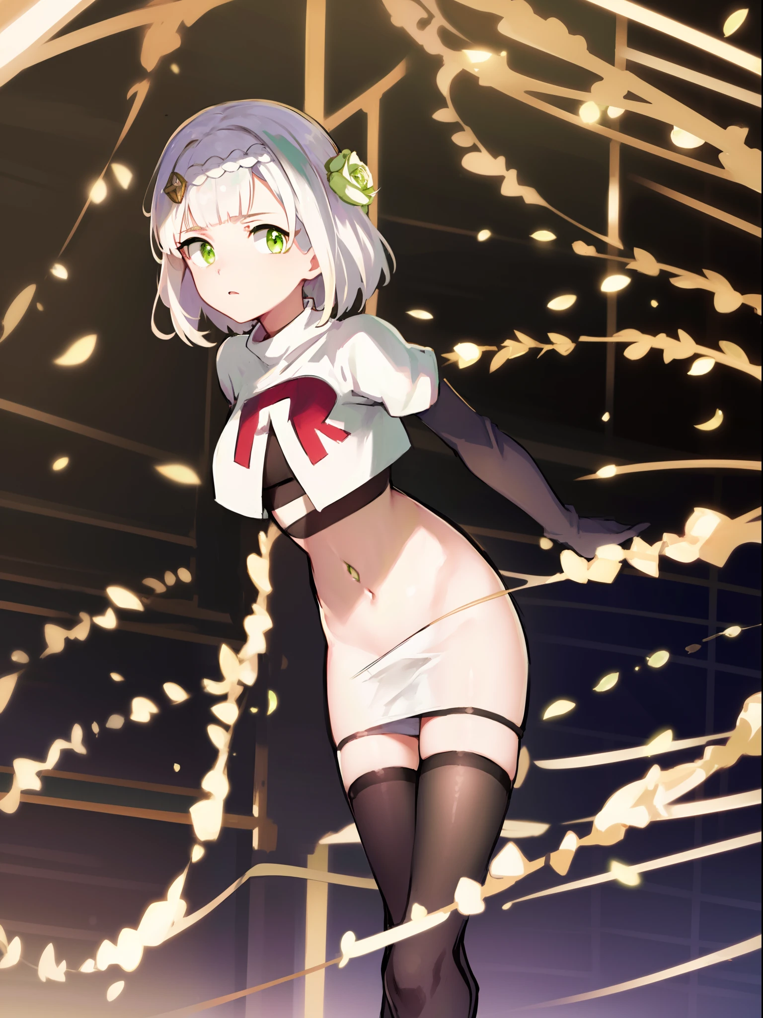 genshinnoelle, noelle, braid, flower, hair flower, hair ornament, short hair, silver hair, (green eyes:1.5),team rocket,team rocket uniform,white skirt,crop top,black thigh-high boots,black elbow gloves,