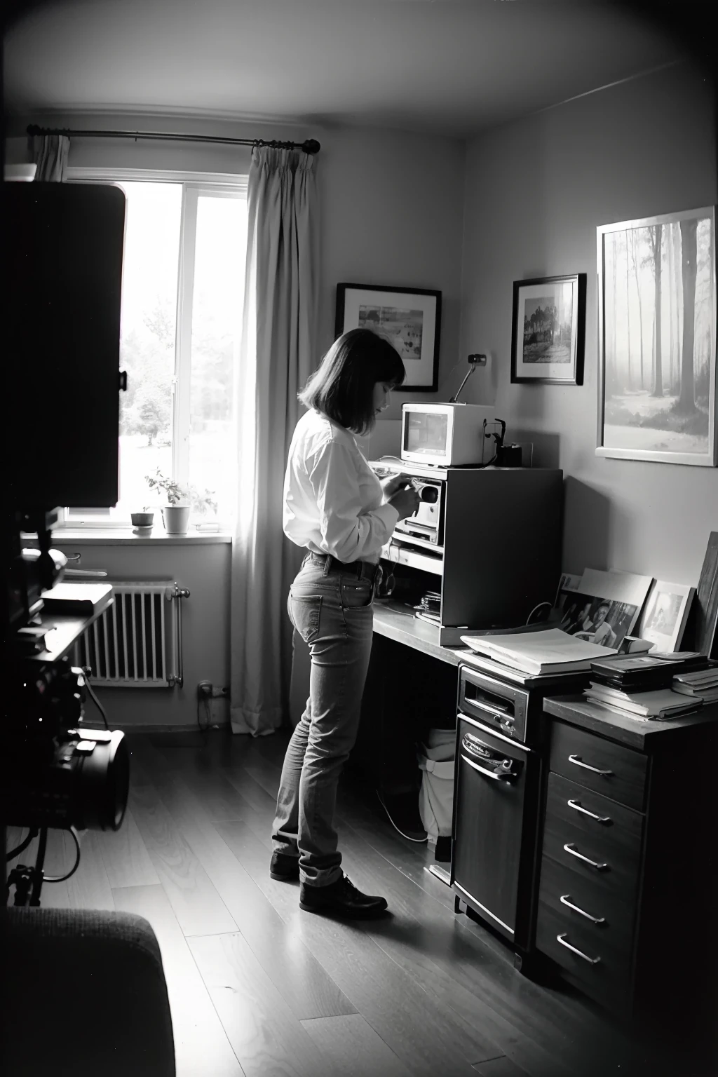 behind the scenes of an adult film project, taken with a Holga 120n vintage Color film film grain, light leaks, vignetting, Wrong framing of the photo, direct flash, in the seventies