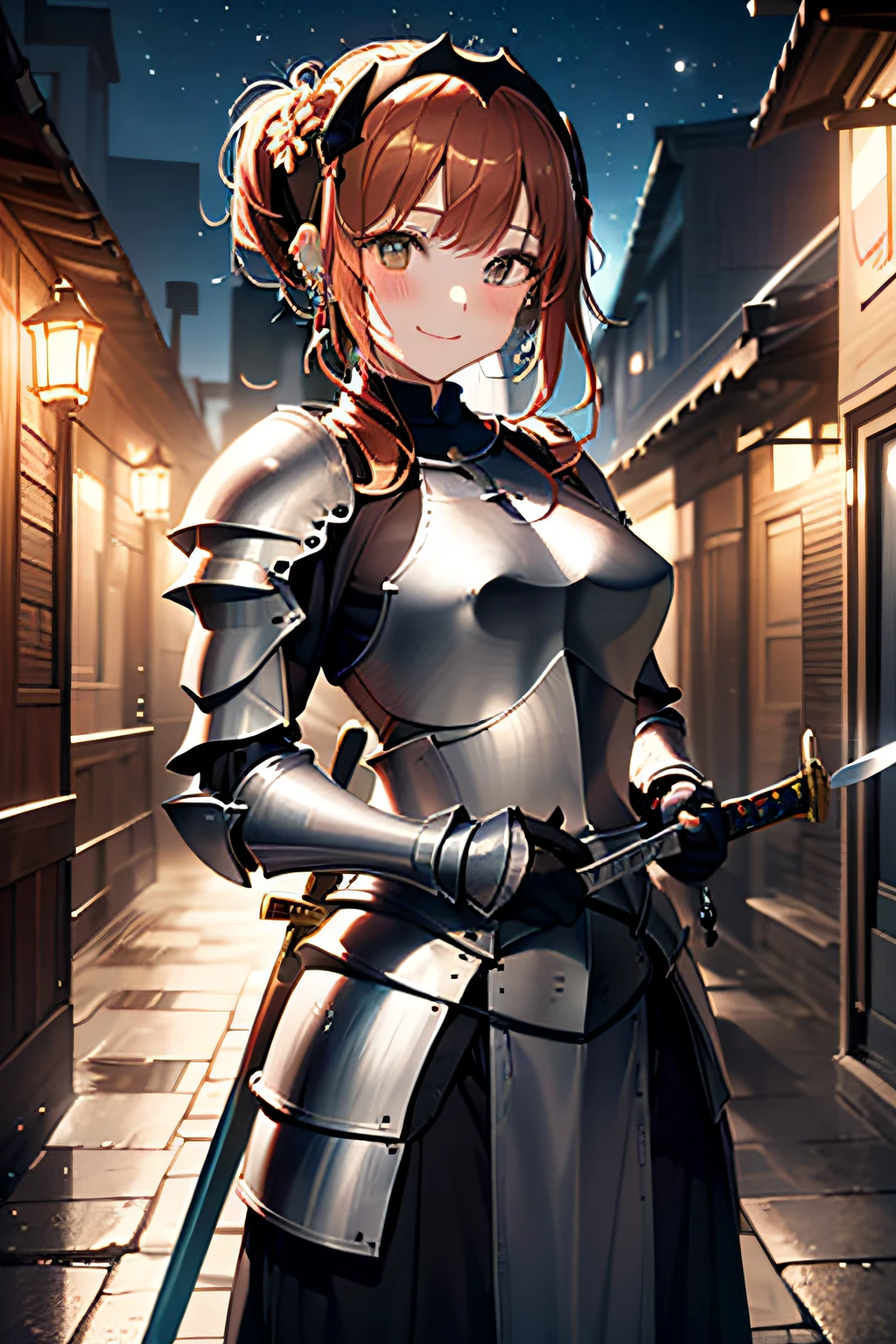(((Armor and sword of Joan of Arc:1.7))),(((Ancient Western Landscapes:1,7))),(((Armed girl in ancient western style:1.7))),(((Enhance movement with motion blur effects:1.7))),(beautiful a girl),(((Night lighting:1.3))),pleatedskirt,breast slip,Blushing cheeks、shyly smile,bbw,(Short hair with shiny gold and silver inner color,Floral hair ornament,Floral braided top knot,Twisted Side Part Ponytail,Floral braided headband,half up、Floral Braided Space Van,Voluminous Fishtail Braids,Twisted chignon,),(Bangs are see-through bangs),(((emphasizing breasts:1.3))),(Dynamic angles),(Dynamic and sexy poses),(bending forward:1.3),(((Dignified statue))),(((hair pin,a necklace,piercings))),Colossal tits,Blush with embarrassment,Enraptured eyes,A smile that beguiles the viewer,skin glistening with sweat,gazing at viewer,Disturbance of clothing due to movement,pointed red mouth,Perfect round face,,Proper body proportion,Intricate details,Very delicate and beautiful hair,photos realistic,Dreamy,Professional Movie Lighting,realistic shadow,Solo Focus,Beautiful hands,Beautiful fingers,Detailed finger features,detailed clothes features,Detailed hair features,detailed facial features,(masutepiece,top-quality,Ultra-high resolution output image,) ,(The 8k quality,),(Sea Art 2 Mode.1),(Image Mode Ultra HD,)
