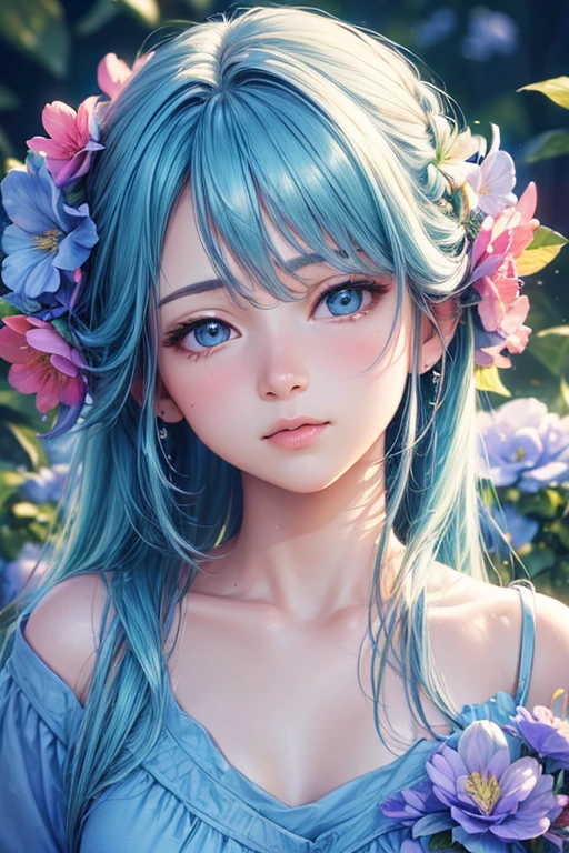 (best quality,highres,realistic:1.37),vivid colors,soft lighting,anime style,light blue color tone,colourful flowers in the background.