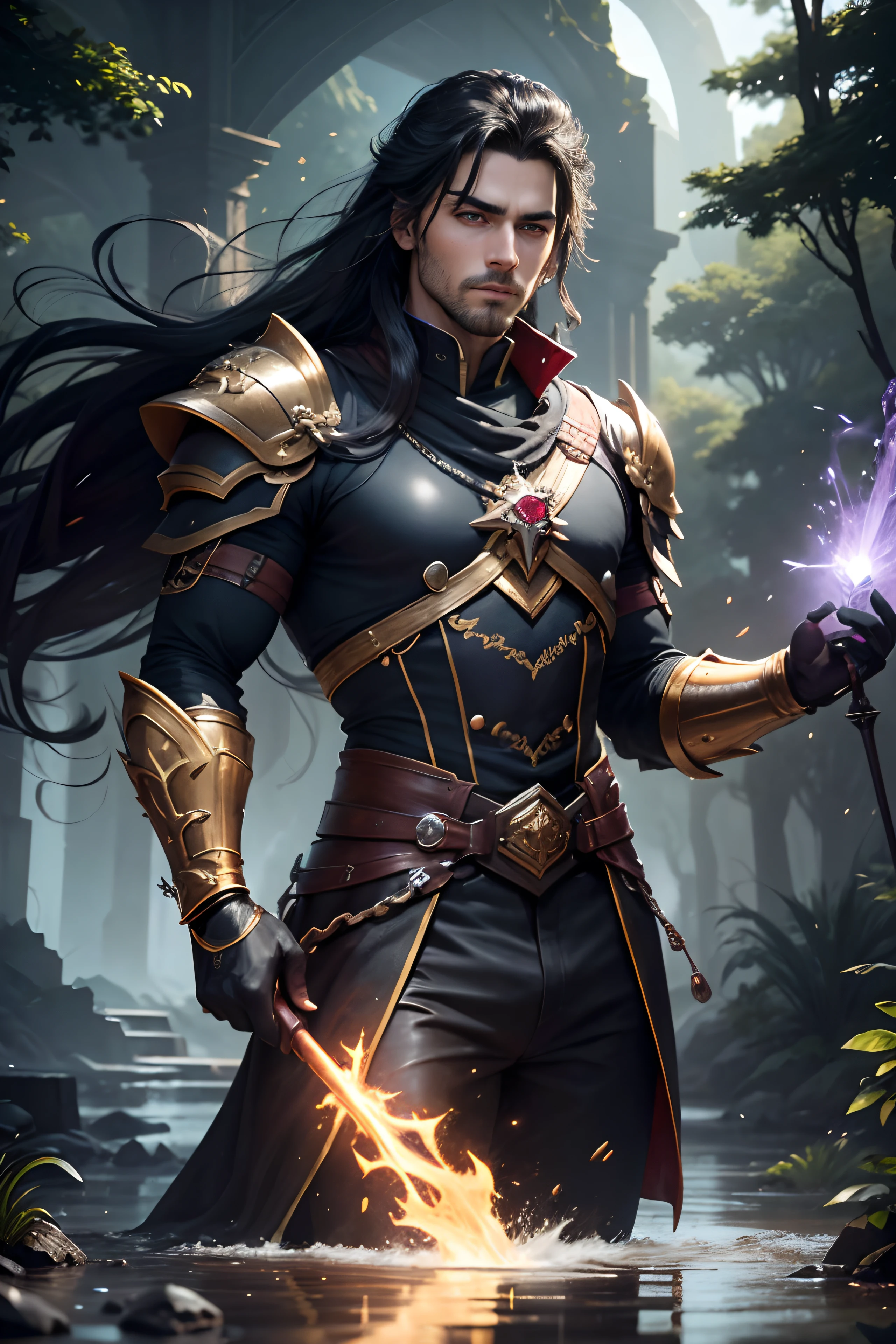 8K,Photorealsitic, Raw photography, top-quality;1.4) , (One adult male), Super handsome without a beard, (Lifelike face), long blue-black hair, Handsome prince with glowing purple eyes, Black and silver aristocratic exterior, Black and gold trousers, Golden decoration, glares, holding a staff, Wearing black leather gloves, Ruins, Gwaitz style, realisitic, Precise details, unrealengine, Beautiful expression, Details of each part, A red fireball glows in the palm(effect), 超A high resolution, A hyper-realistic, attractive male, Foot Armor, real looking skin, Fantasy Emperor, Handsome man small beard, wind magic, water magic, forest at night, stars in the sky