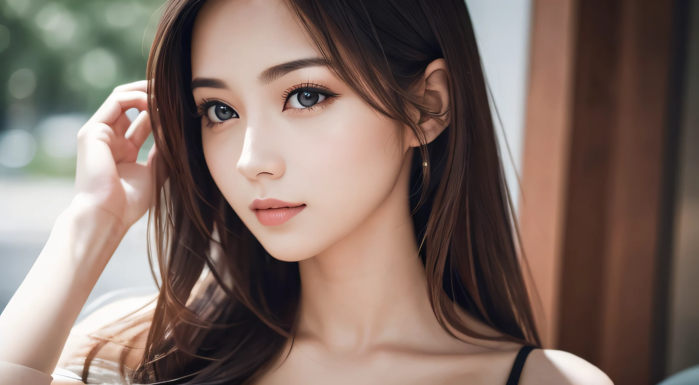 (((8k,Very detailed,Attention to detail、highest quality,masterpiece,Attention to detail))),RAW Photos & Realistic atmosphere,Professional Lighting,Beautiful dark eyes,Glossy lips,beautiful黒い Eyes,White skin、Deep black eyes,とてもBeautiful face,とてもBeautiful face、Beautiful face,beautiful, Glossy lips,beautiful Eyebrows,Realistic Skin, Realistic Young Gravure Idol,Very cute woman , Young Gravure Idol, Young Gravure Idol, とても美しくてかわいいbeautiful 21 year old beauty,Incredibly beautiful and elegant,beautiful 21 year old beauty,Natural soft light,(Shiny Hair,,beautiful and kind eyes:1.5),Gentle features,Shapely breasts,Long Hair,beautiful posture,No makeup,Looking into the camera,Japanese women,