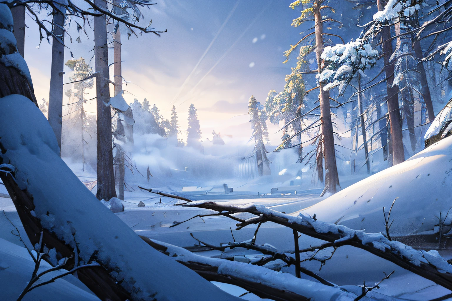 (Best quality), (Masterpiece), (Photorealistic), (Realistic), ultra - detailed, Unity 8k wallpaper, highly detailed CG, Ray traching, Sharp shadows, Great detail, Depth of field, Super detailed background, In the snowy forest, Rime ice covered the branches，The sun shines through the mist，Realistic and mysterious scenes