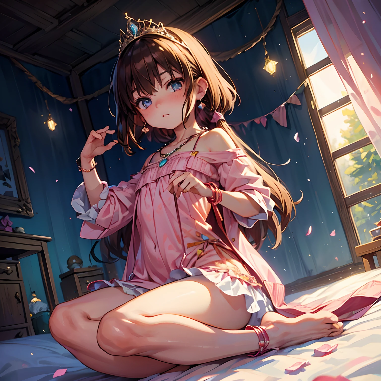 (solo), happiness, Ultra-detailed, Photorealistic, vibrant colors, snowfield, snow, (lonesome cold (winter night) background), darkness, pine forest, silk curtains, falling petals, innocent arrogant 1girl princess, laying in bed, (cute pose), very mean, (selfish pout), ((flat chest)), skinny, very thin, anorexic, ((young)), (bright pink floral pajama set), ribbon, handbag, purse, brown hair, luxurious jewelries, expensive necklaces, pearls, pendants, bracelets, earrings, ((tiara)), (blue glowing eyes), (looking down at viewer), hair ribbon, hair flower, (from below), (depth of field), cinematic lighting, close-up, masterpiece, (anatomically correct)