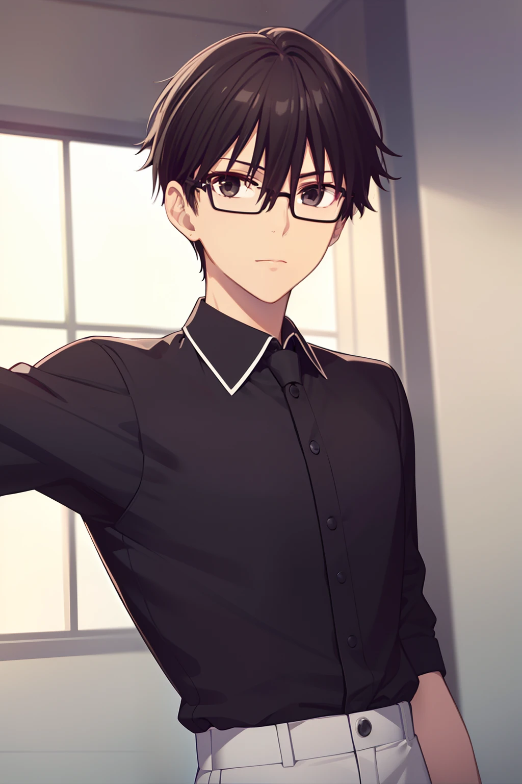 masterpiece, best quality, high quality, 1boy, solo, male focus, looking at viewer, upper body, manabe_kakeru, wearing black glasses, closed mouth, wearing black formal shirt, short hair, black hair