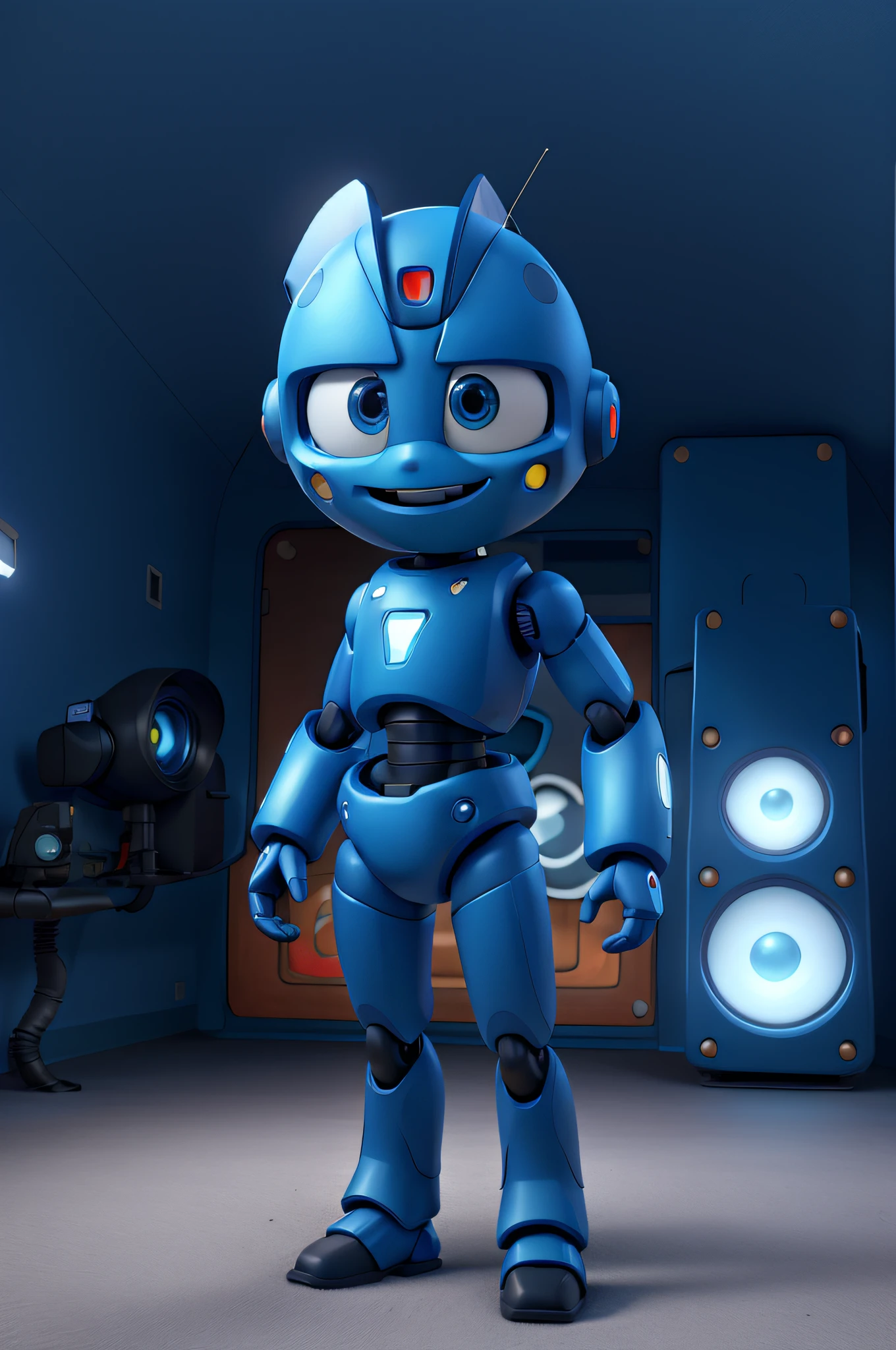 Futuristic Style Blue Robot Made with Cinema Camera Parts, robo estilo pixar