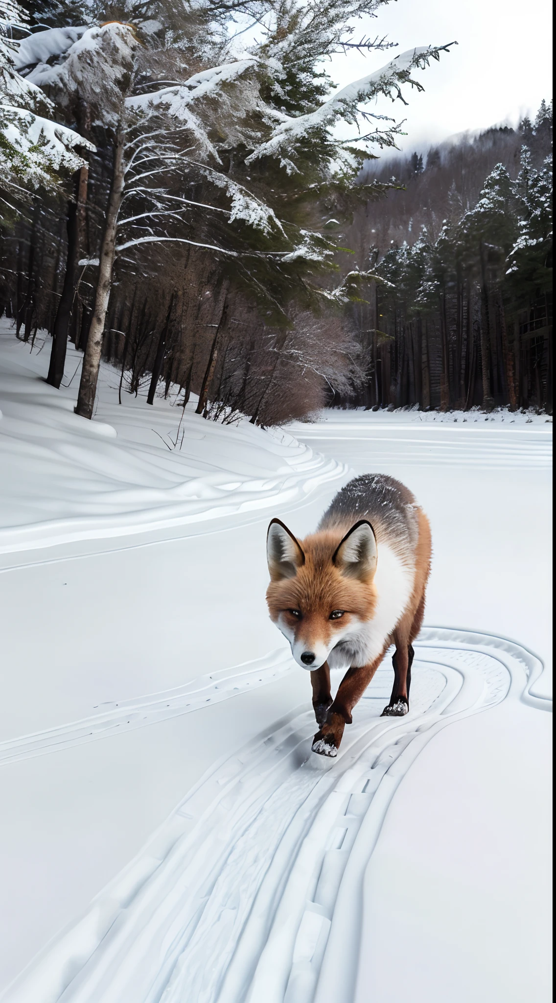 "Create a 1-minute 4K video following an adventurous arctic fox walking through a wintry landscape. Start with an overhead view of the snowy terrain, with evergreen trees coated in white and mountains in the distance. Zoom in as the fox with thick white fur emerges from the trees, its breath visible in the cold air. It trots through the shimmering snow, leaving a trail of paw prints behind. The fox approaches a frozen stream, carefully walking over the ice. On the other side, it shakes off the snow from its coat before disappearing back into the forest. Transition to scenic views of the wilderness blanketed in pristine snow, with a few lone trees and rocks peeking through. The soundtrack is ambient and soothing. The video conveys a sense of serenity and natural beauty