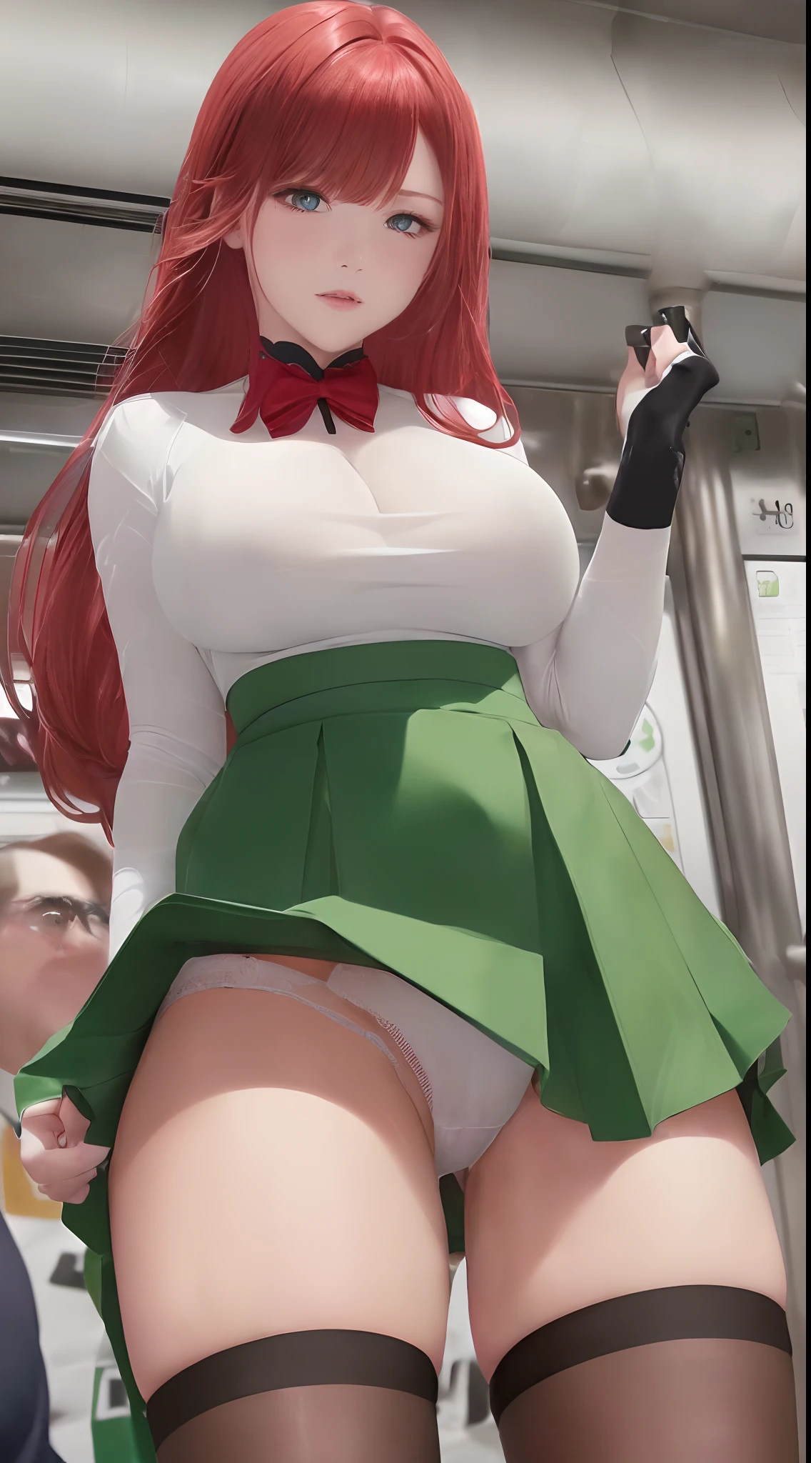 ((8k, RAW photo, highly sensitive, best quality, extremely detailed hair, masterpiece, ultra high res, photorealistic:1.25))), SFW, ((realistic, masterpiece)), (VERY crowded subway train interior detailed scenario), (VERY crowded subway train interior detailed background), standing insanely hot (alexis texas) using sexy ((school uniform)), (((lifted skirt, panties down))), ((big ass)), ((thick thigths)), ((3/4 white stockings)), ((fear expression)), (blushed face), young guy skinny ass groping (alexis texas) from behind,(((young guy with red hair and green eyes), ((fear expression)), (poorly dressed) pressing his chest on woman 1 back))) and (((holding her waist behind her))), (((cum stain on man pants))), (((woman 1 prformin handjob on man hard (detailed ) out))) HQ HD UHD