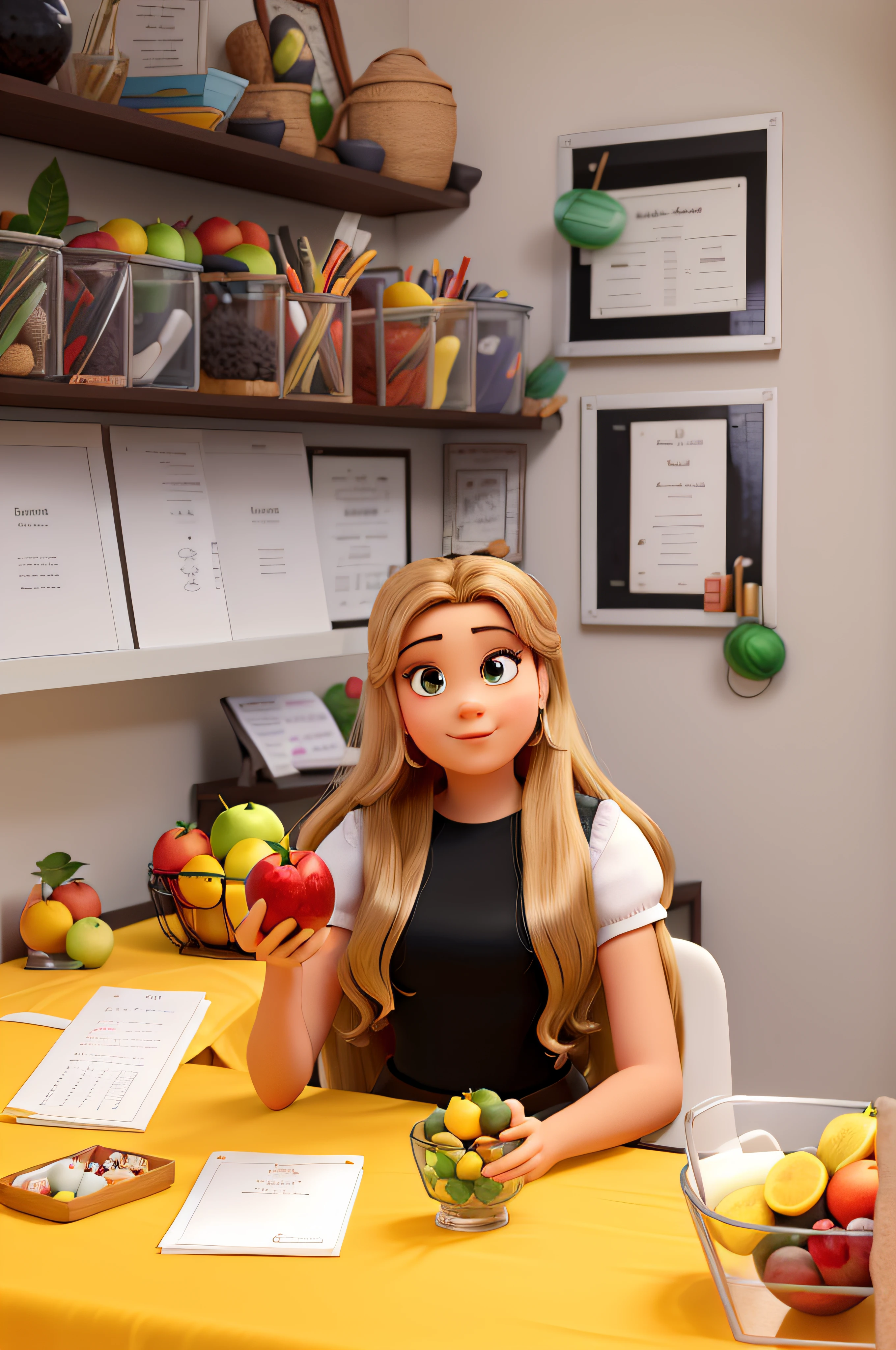 Poster estilo disney pixar. Mulher branca, cabelos loiros longos, cabelos louros longos, olhos castanhos, wearing a black blouse and bare arms, in an office, Holding a red apple in one hand and a bunch of green grapes in the other hand, there is an A5 sheet bead on a yellow table, em cima da mesa amarela tem duas cesta de metal com diversas frutas dentro, tem duas cestas de metal com bananas, apples, uvas, laranjas, tangerinas, Pears, cenouras, alface, Chilies, There are two baskets of fruits and vegetables, tem um teclado de computador branco, tem uma calculadora branca e rosa, Got a glass of water, tem cestas de frutas em cima da mesa, ao fundo tem quadros com certificados de cursos pendurados na parede branca, In the background there are two shelves with various trophies, It has two shelves with various awards from various sports.