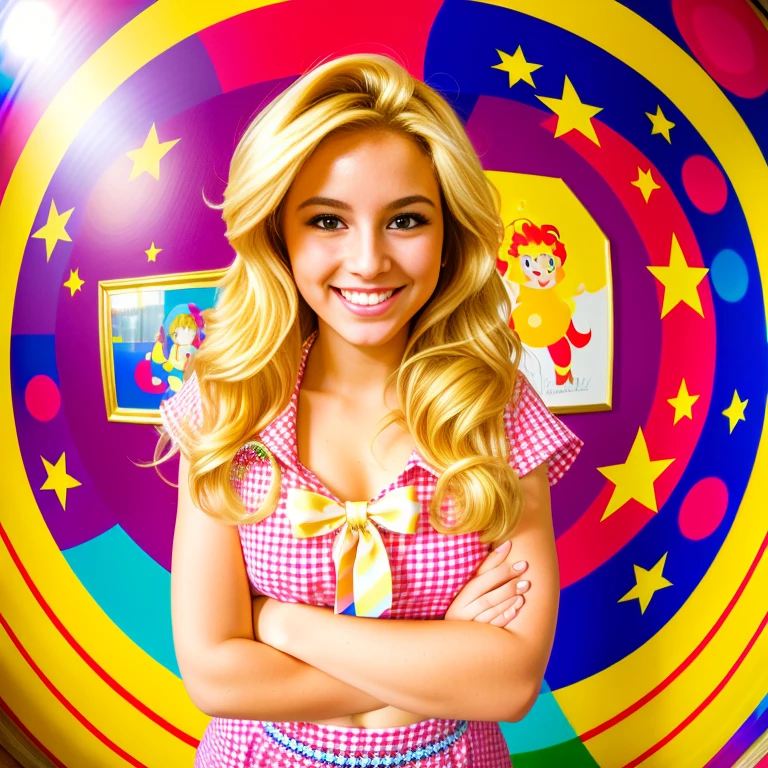 (highres,fisheye,4k,ultra-detailed),realistic portrayal,photography,(golden blonde hair),smiling,happy,standing in colorful checkered patterned room,exhibiting fun poses,sailor moon:2.1