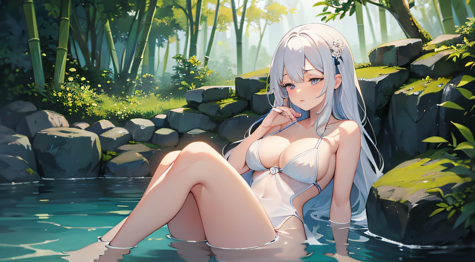 full body image, sleeping position,body half submerged on water, women, white hair, in the onsen pool rock, background in a in a Autumn theme in the middle of a bamboo forest, body half submerged, dressed a openly full, left hand holding sake, hand holding sake above chest, point of view full body image , the character is some distance from the point of view