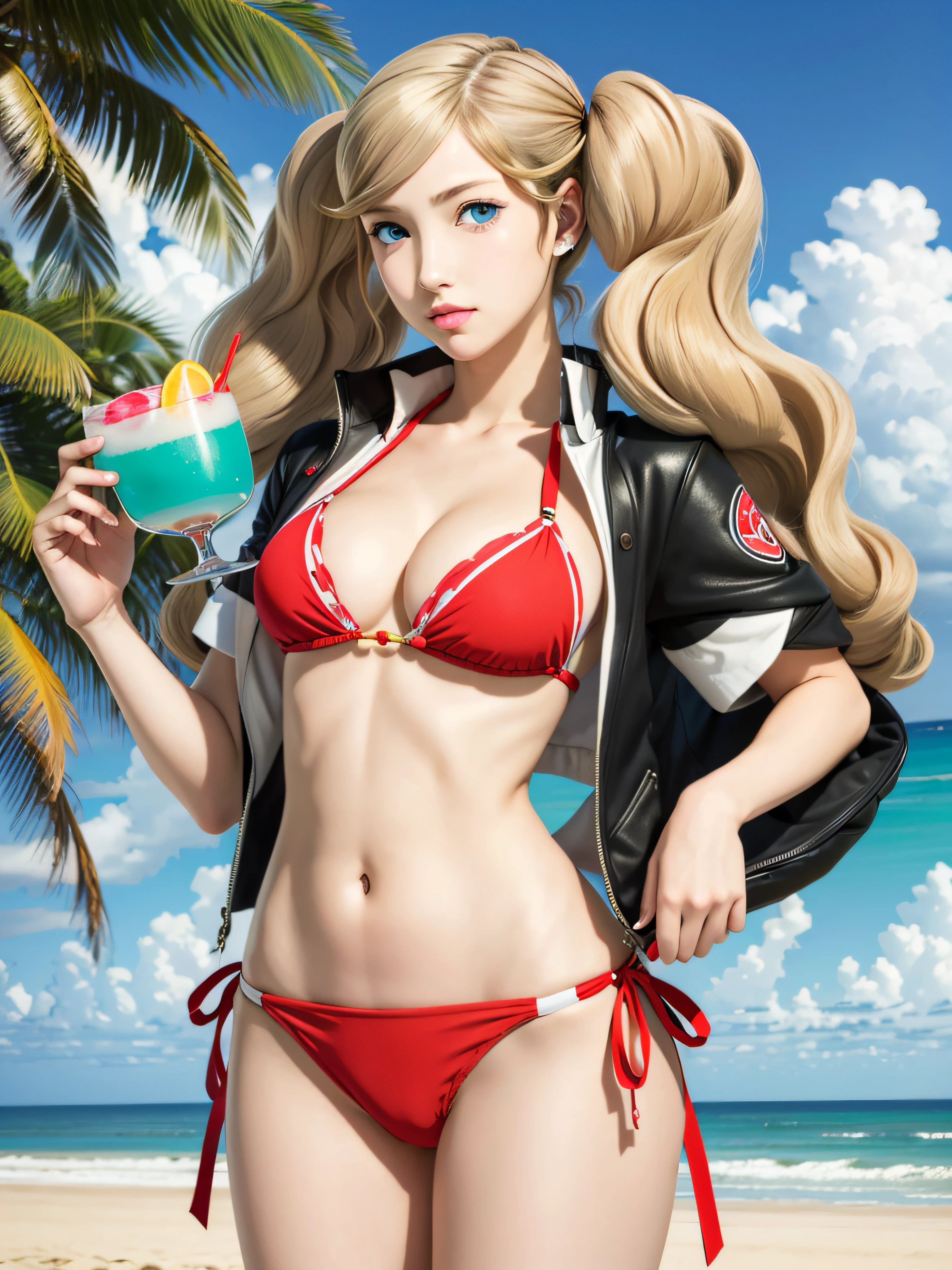 ((masterpiece, best quality))
Persona5AnnTakamaki, 1girl, solo, twintails, blue eyes, blonde hair, blush, at a beachside resort, bikini, holding a colorful cocktail