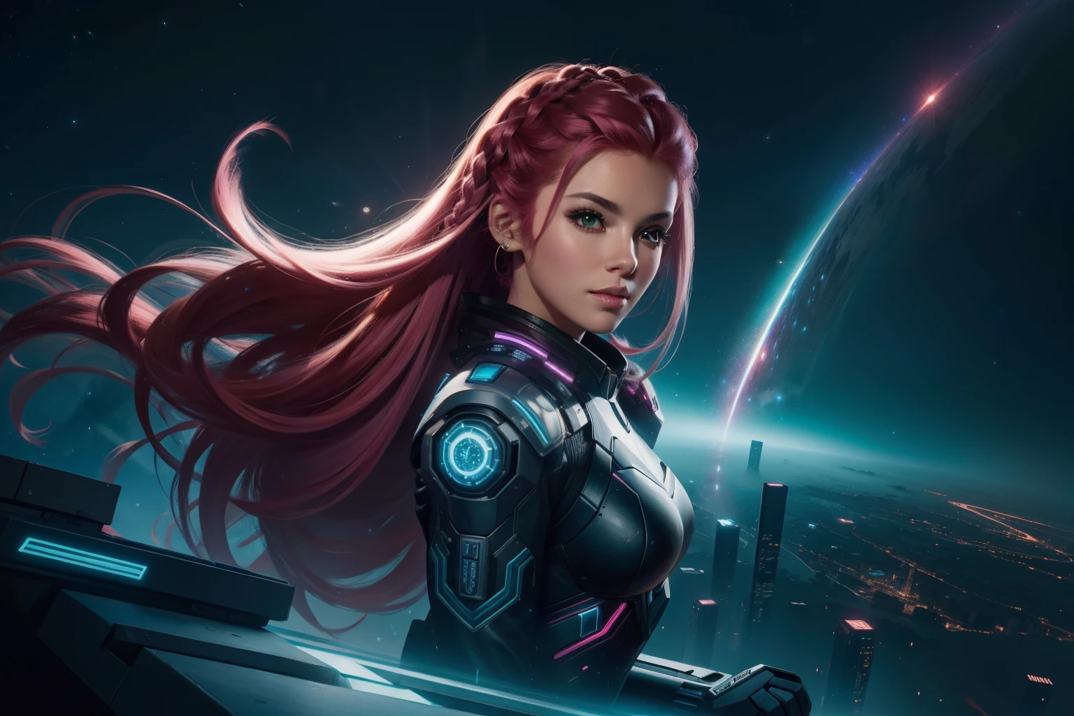 high resolution, best quality, master part, Very high image quality, ultra-detalhado, hiper-realista, ..3d, anime, Illustrations, fantasia, do hard rock, muito bonito bonito, cabelo ondulado rosa, side braid, minissaia, meias altas do joelho, Botas de Engenheiro, Cyber Punk Galaxy City Background