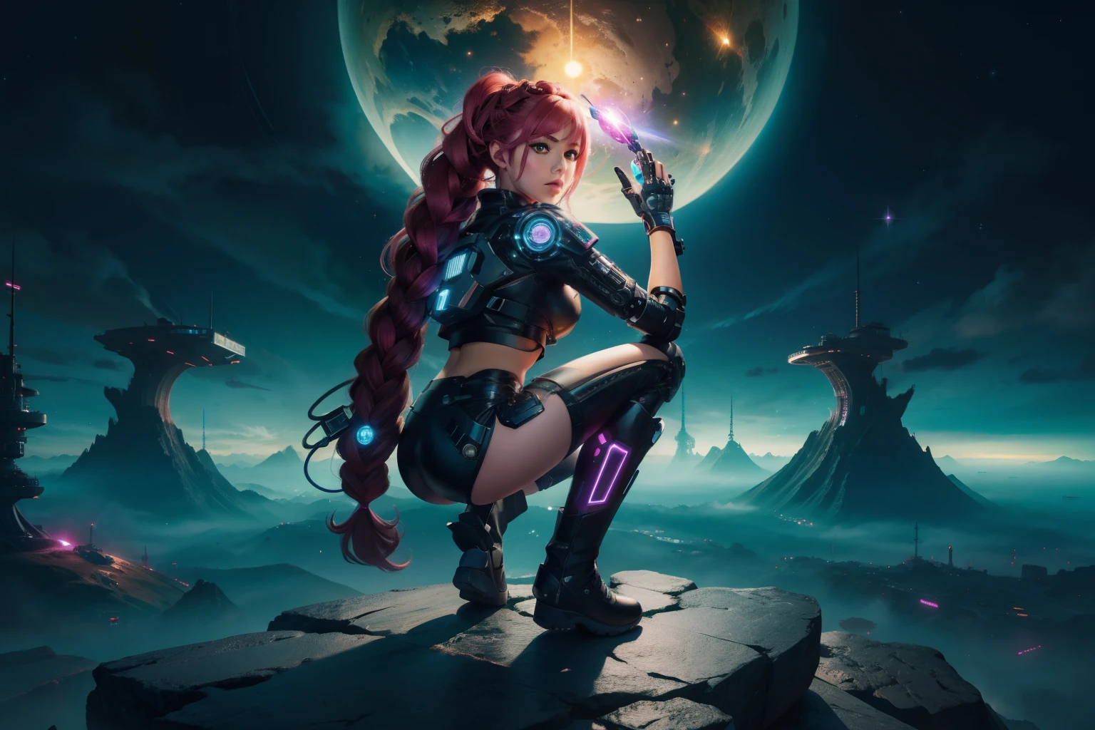 high resolution, best quality, master part, Very high image quality, ultra-detalhado, hiper-realista, ..3d, anime, Illustrations, fantasia, menina do hard rock, muito bonito bonito, cabelo ondulado rosa, side braid, minissaia, meias altas do joelho, Botas de Engenheiro, Cyber Punk Galaxy City Background