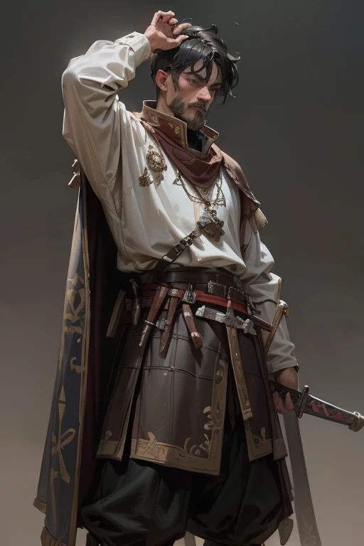 (Best quality,4K,8K,A high resolution,Masterpiece:1.2) cossack, ukrainian, hetman period, black hair, shaved head with cossack bangs, ukrainian cossack in hussar armor, high detail of armor, best armor, majestic cossack, holding a saber, loose clothing with embroidery, single figure, majestic composition, military honor, determination , a symbol of courage, will, symbol of freedom
