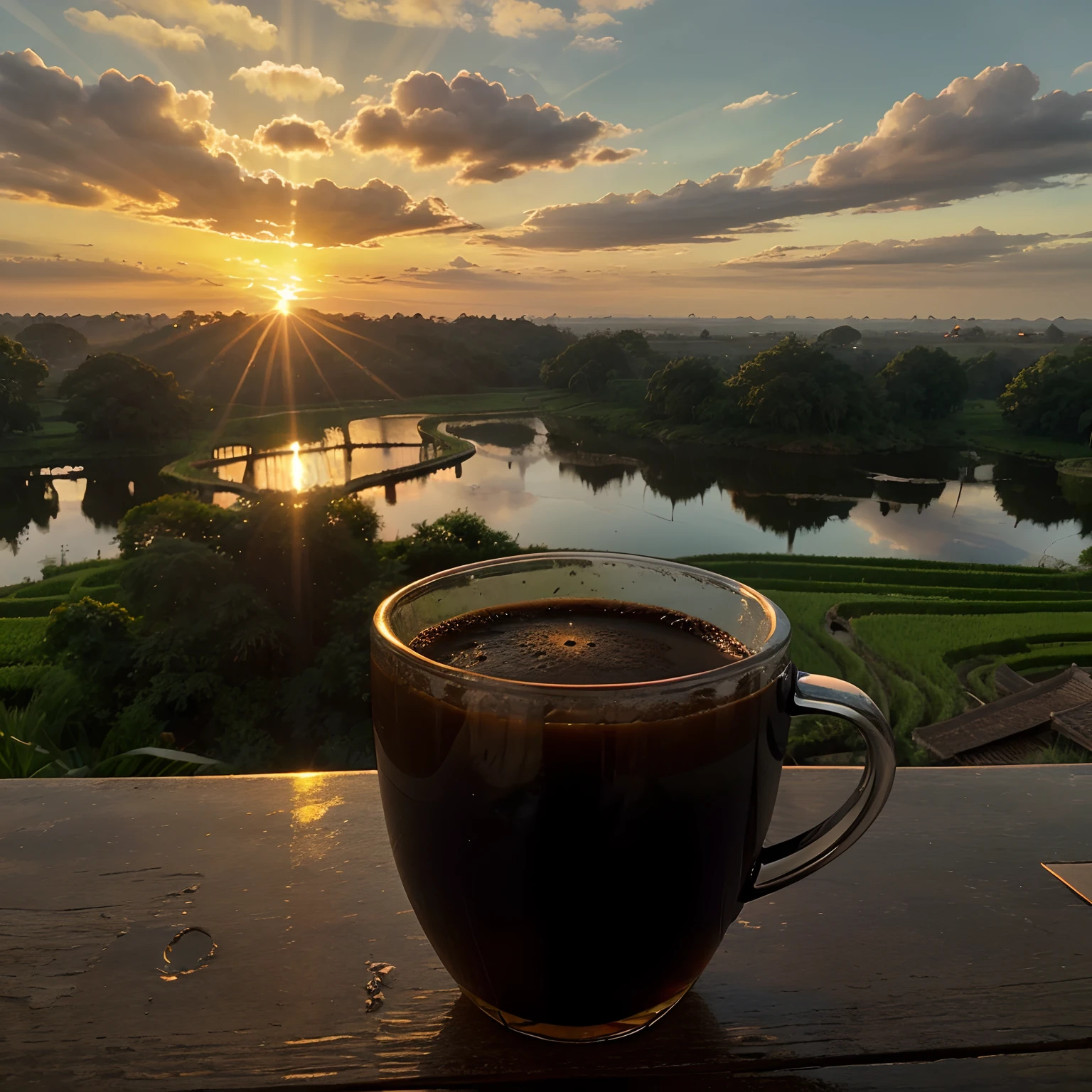 Hot Black coffee, transparant glass mug, sunrise, lomo, beautiful view of ricefield , beauriful sun, cloud morning