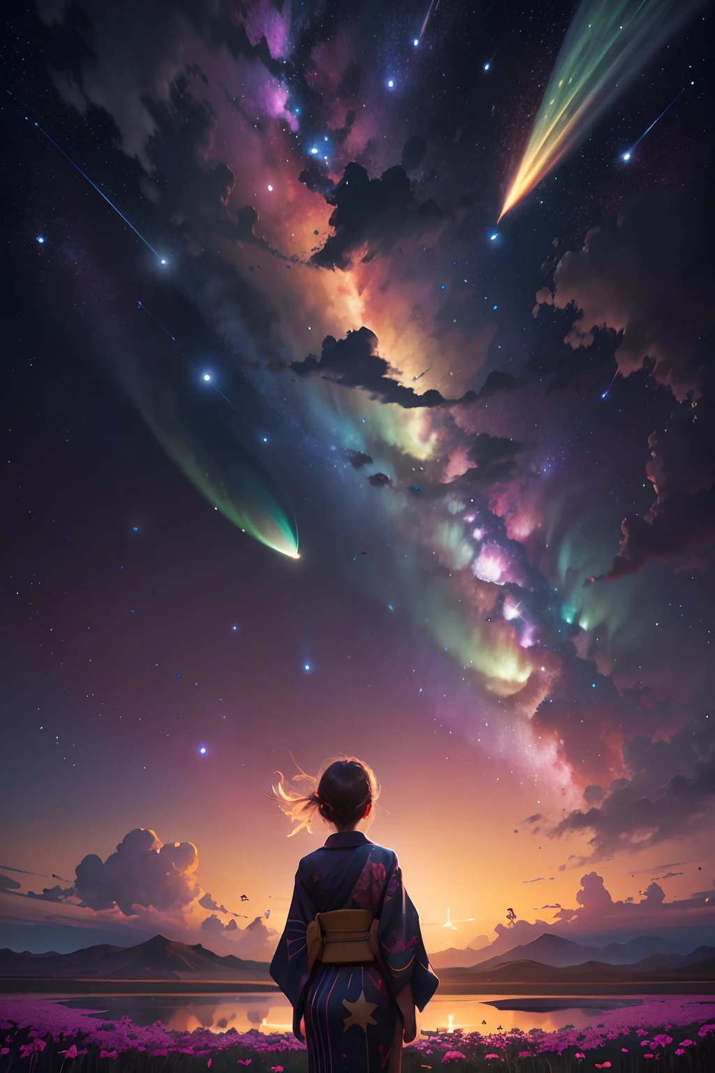 Girl standing looking up into the stars, clouds floating around her, brilliant colors, amazing swirls of cosmic dust, colorful vibrant, light particles, water color painting, splash art, (zoom out:1.1), (meteor shower:1.2), (comet:1.1), low-up angle, from behind, aroura borealis, shooting star, yukata, red kimono , cherry blossoms, Standing in a field, best quality, masterpiece, cloud, colorful, starry, stars, --self