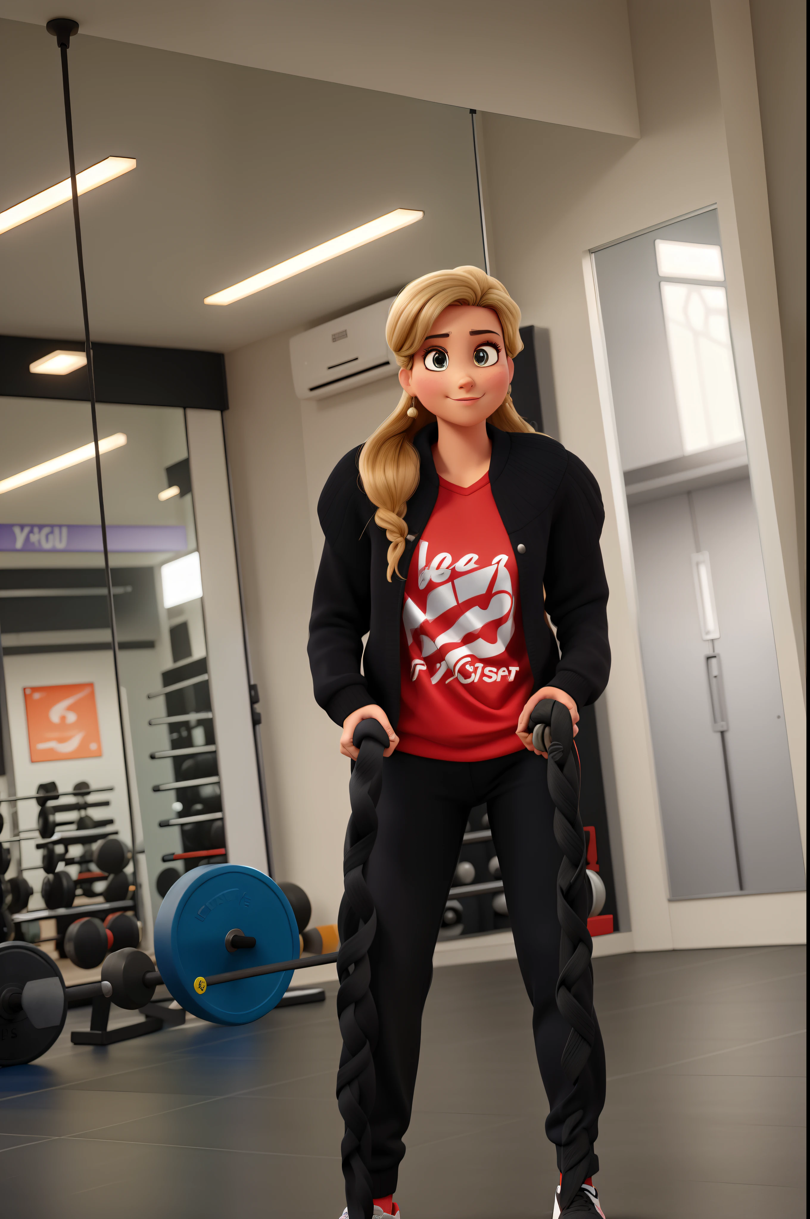 Poster estilo disney pixar. Mulher branca, cabelos loiros longos, cabelos louros longos, olhos castanhos, cabelos amarados como rabo de cavalo, penteado rabo de cavalo, usando uma blusa rosa, usando um casaco preto, usando uma causa preta, Holding black ropes for the practice of crossfit sport, In the background, a large mirror reflects the ambience of a sports exercise gym, gym.