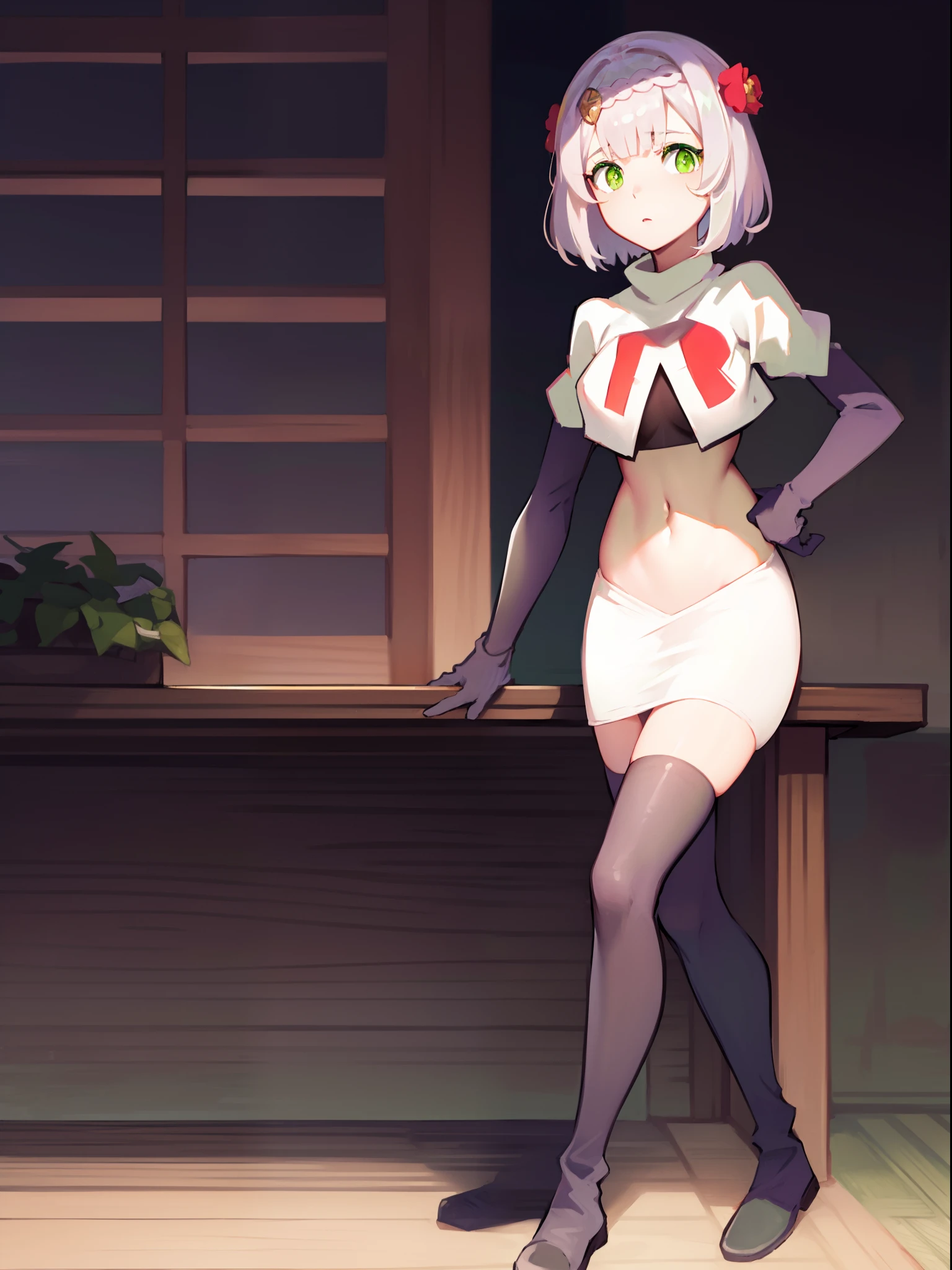 genshinnoelle, noelle, braid, flower, hair flower, hair ornament, short hair, silver hair, (green eyes:1.5),team rocket,team rocket uniform,white skirt,crop top,black thigh-high boots,black elbow gloves,