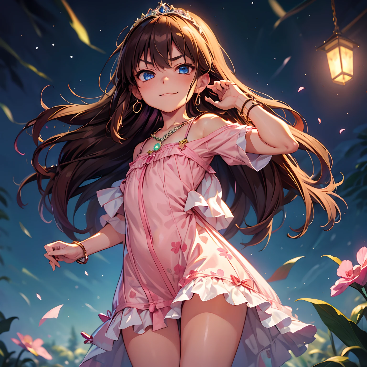 (solo), happiness, Ultra-detailed, Photorealistic, vibrant colors, snowfield, snow, (lonesome cold (winter night) background), darkness, pine forest, silk curtains, falling petals, arrogant 1girl princess, laying in snow, (cute pose), very mean, evil, (wicked smirk), ((flat chest)), skinny, very thin, anorexic, ((young)), (bright pink floral pajama set), ribbon, handbag, purse, brown hair, luxurious jewelries, expensive necklaces, pearls, pendants, bracelets, earrings, ((tiara)), (blue glowing eyes), (looking down at viewer), hair ribbon, hair flower, (from below), (depth of field), cinematic lighting, close-up, masterpiece, (anatomically correct)