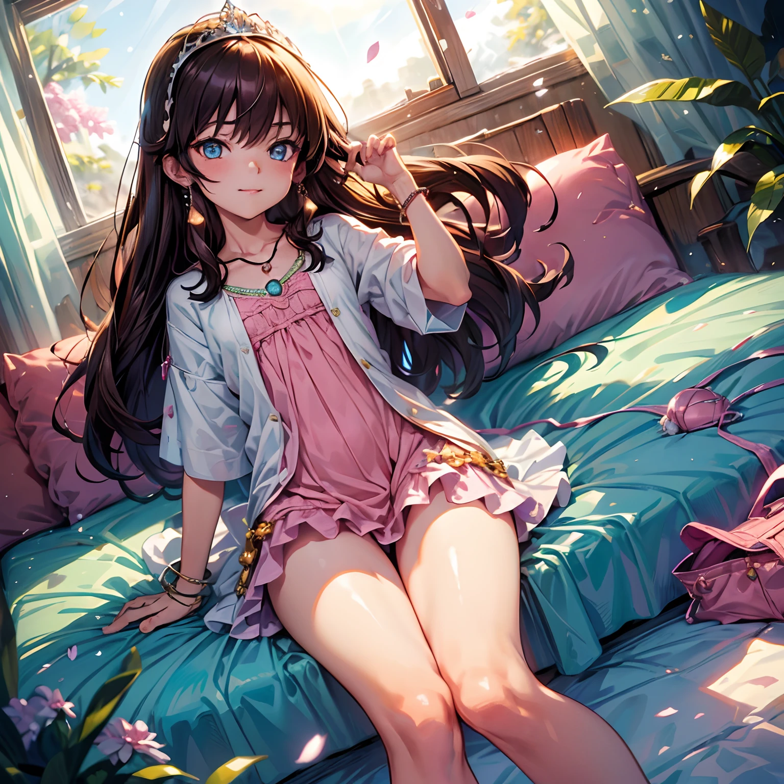 (solo), happiness, Ultra-detailed, Photorealistic, vibrant colors, snowfield, snow, (lonesome cold (winter night) background), darkness, pine forest, silk curtains, falling petals, arrogant 1girl princess, laying in snow, (cute pose), very mean, evil, (wicked smirk), ((flat chest)), skinny, very thin, anorexic, ((young)), (bright pink floral pajama set), ribbon, handbag, purse, brown hair, luxurious jewelries, expensive necklaces, pearls, pendants, bracelets, earrings, ((tiara)), (blue glowing eyes), (looking down at viewer), hair ribbon, hair flower, (from below), (depth of field), cinematic lighting, close-up, masterpiece, (anatomically correct)