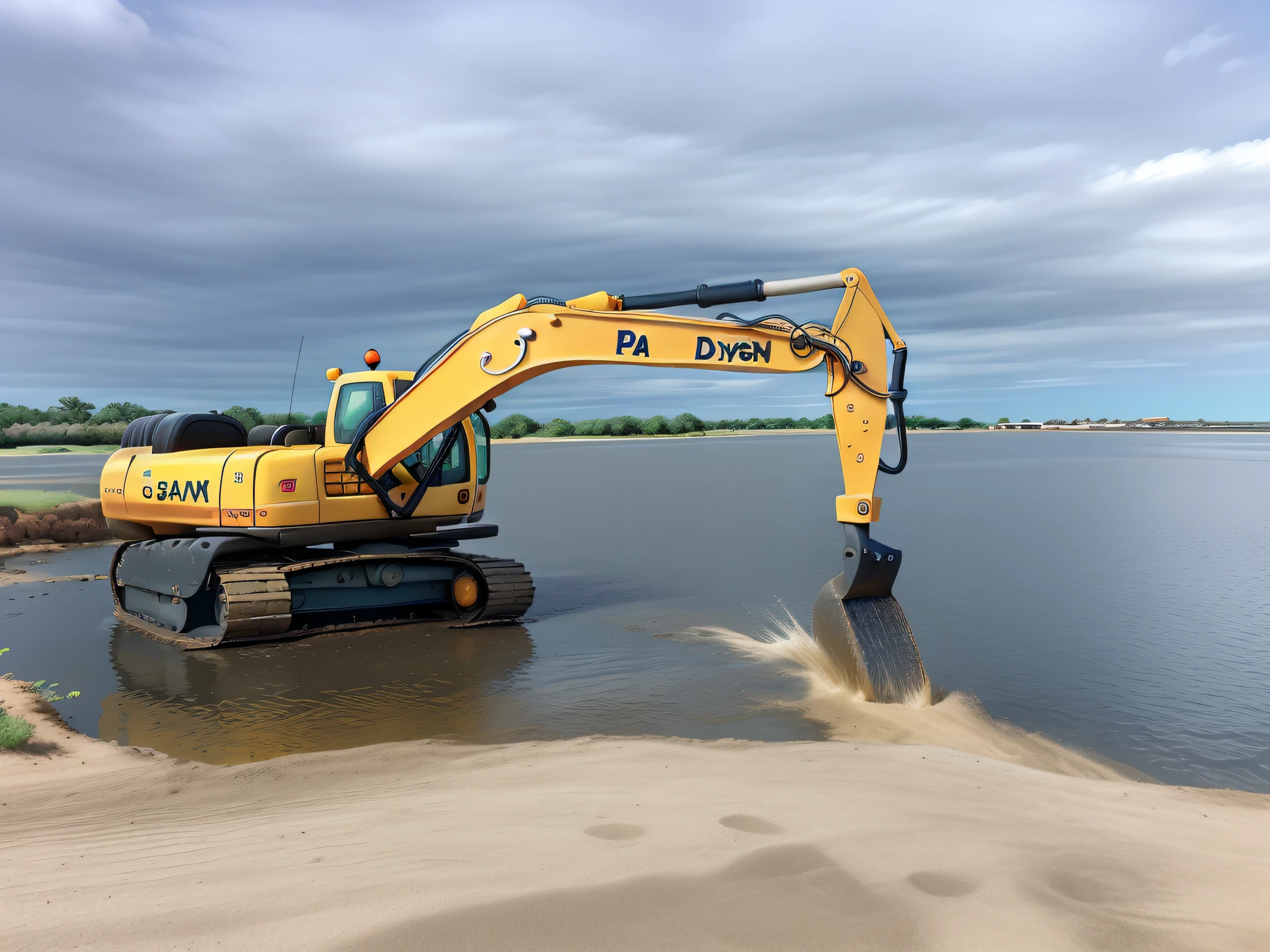 Criar cartaz estilo Disney. Yellow excavator in the water removing gray sand from the bottom of the pond. In the background vegetation in the distance. Cloudy blue sky with clouds. Alta qualidade. Melhor qualidade.
