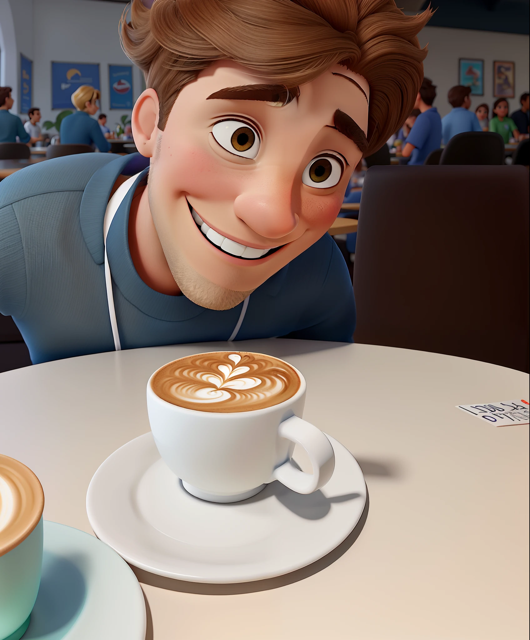 Poster estilo disney pixar. Jovem bonito de 20 anos, pele branca, cabelos castanhos ondulados, olhos castanhos, Italian descent, ambiente de uma cafeteria, On a white table is a cup of latte with a smile drawn on the milk.