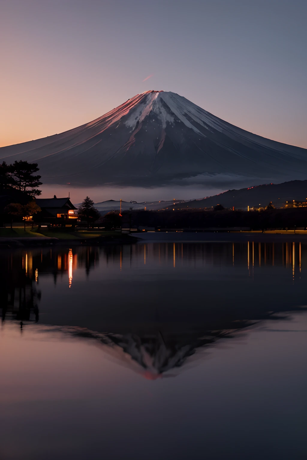 a cinematic, scenic, stunning beautiful image of the mount Fuji and its reflection in a lake by the late sunset, the sky is red, bokeh, dreamy, surreal, photorealistic