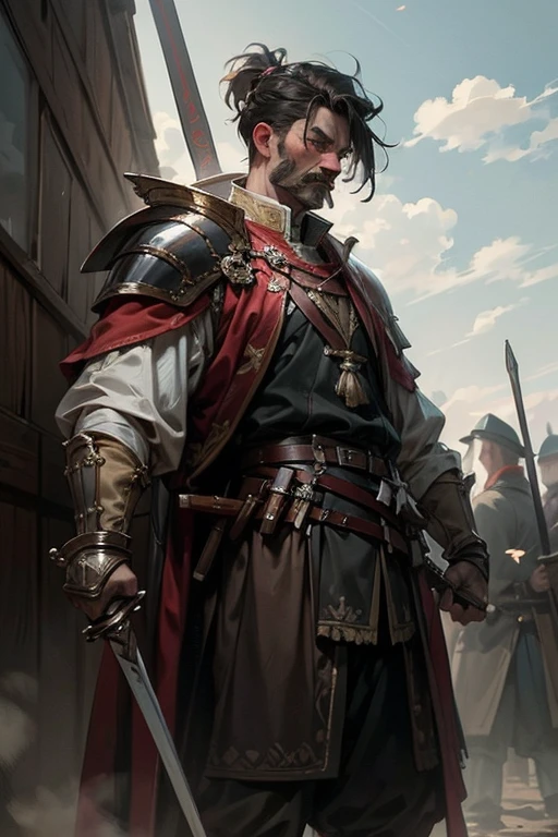 (Best quality,4K,8K,A high resolution,Masterpiece:1.2) Cossack, Ukrainian, Hetman period, black hair, shaved head with Cossack bangs, Ukrainian Cossack in hussar armor, high detail of armor, majestic Cossack, single figure, majestic composition, military honor, determination, symbol of courage, will, strength, symbol of freedom