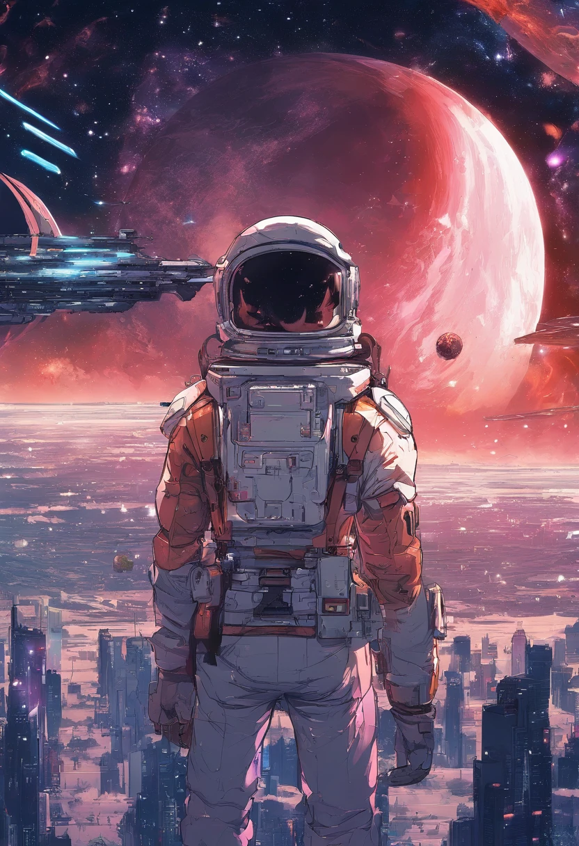 Anime genre, Who sits on the ground and looks at the earth, Space cowboy, cyber space cowboy, inspired by Josan Gonzalez, Makoto Shinkai ( apex legends ), akira art style, Rose Tran Steele, akira vibes, akira art style, floating beside planets, josan gonzales, sci fi art!!!!!!!, josan gonzales!!!, In space, modern sci-fi anime