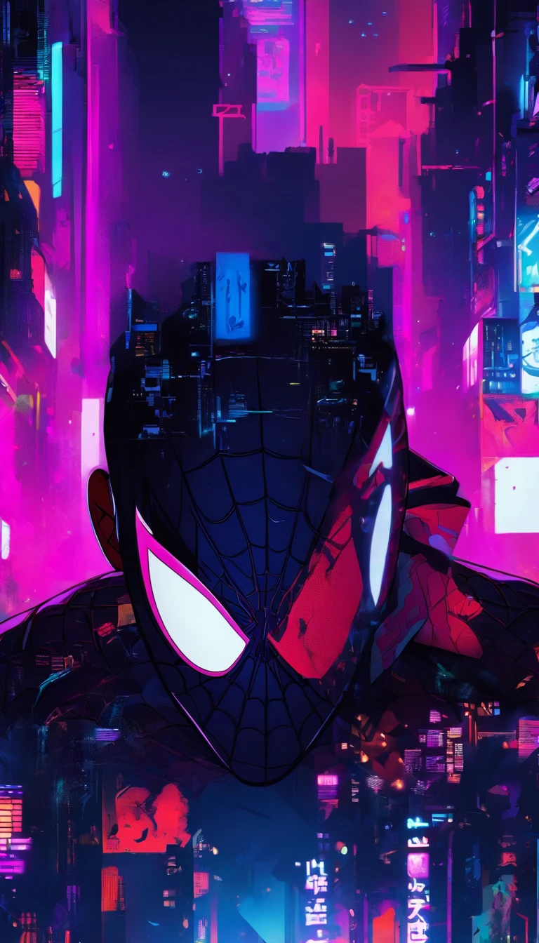 A version of miles morales spider-man in a cyberpunk dystopia, showcasing meticulous portraiture with the style of Tristan Eaton and Antony Gormley. The artwork is in 8K 3D, highlighting the metalworking mastery and the essence of Alex Maleev's style. The Android's face features highly detailed eyes, lips, and face, with long eyelashes. The scene is set in a futuristic urban environment, with neon lights and gritty textures. The colors are vibrant and vivid, enhancing the cyberpunk atmosphere. The lighting is dramatic, with strong contrasts and dynamic shadows.