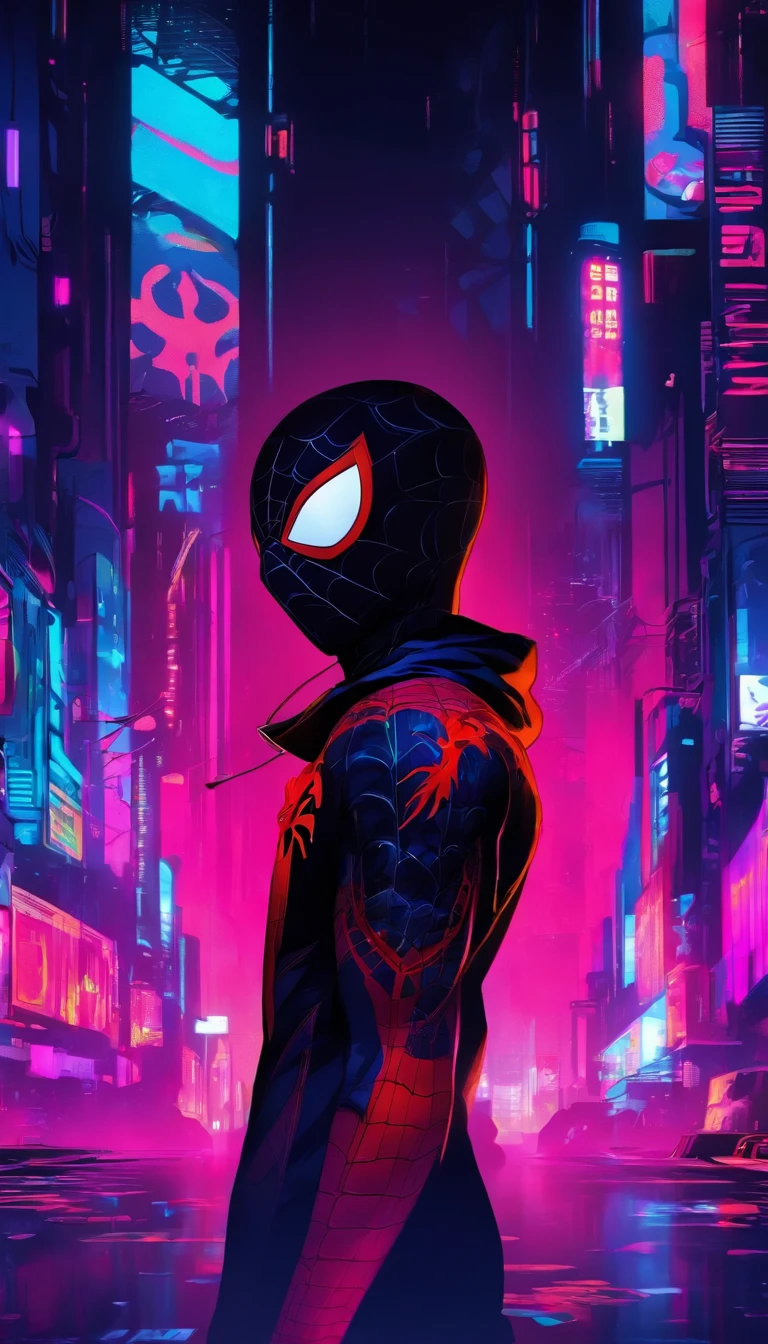 A version of miles morales spider-man in a cyberpunk dystopia, showcasing meticulous portraiture with the style of Tristan Eaton and Antony Gormley. The artwork is in 8K 3D, highlighting the metalworking mastery and the essence of Alex Maleev's style. The Android's face features highly detailed eyes, lips, and face, with long eyelashes. The scene is set in a futuristic urban environment, with neon lights and gritty textures. The colors are vibrant and vivid, enhancing the cyberpunk atmosphere. The lighting is dramatic, with strong contrasts and dynamic shadows.