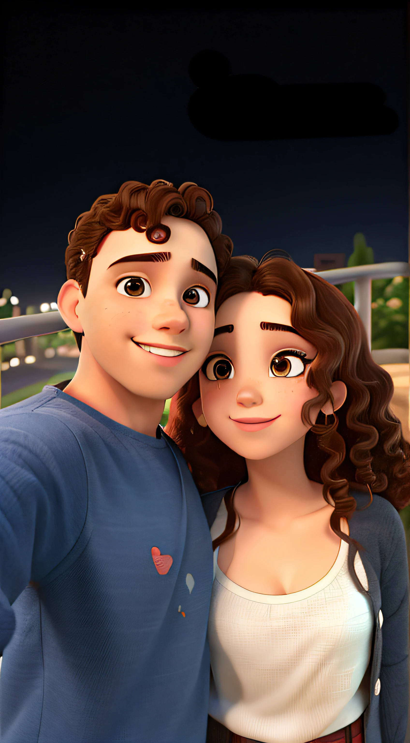 Casal feliz igual filme da Disney amor, casal tirando selfie, casal com olhos castanhos, Girl with curly hair, Young man with straight hair and bangs