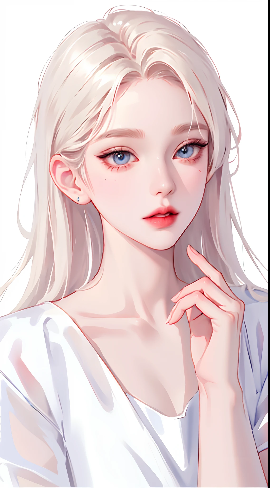 beautiful girl wearing a white top, portrait, white background, aegyo sal, gradient lips, glass skin, rosy cheek and lips, big eyes, solo, manhwa style, pale skin