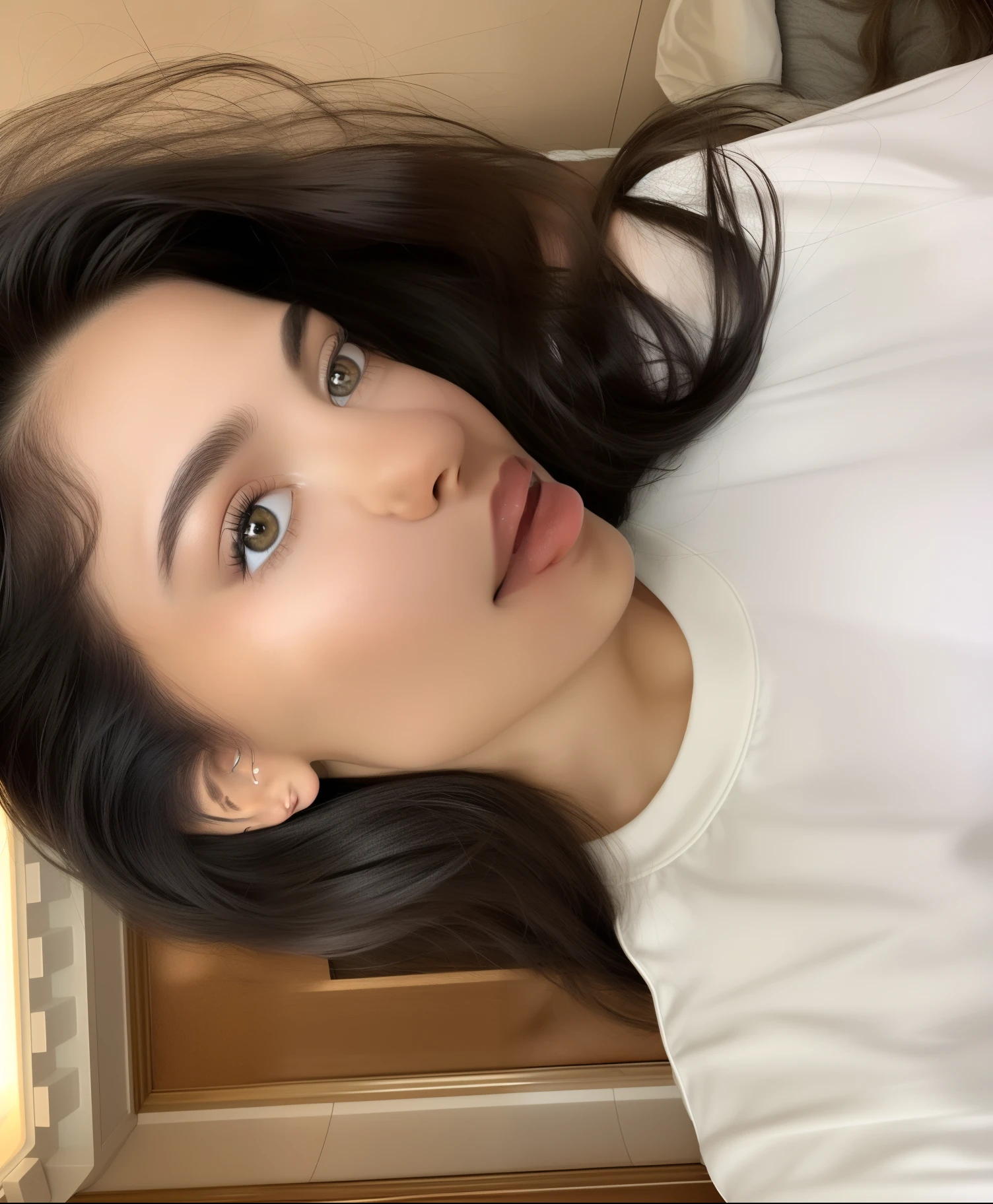 there is a woman with long hair laying on a bed, brilhante, rosto perfeitamente iluminado, maquiagem leve, flawless olive skin, maquiagem sutil, Violeta Myers, luz brilhante, Cerveja Madison, impeccable face, pele clara, foco de maquiagem leve, maquiagem clara, rosto branco brilhante, imagem de perfil, look da hora dourada, foto de perfil headshot, Sobrancelhas relaxadas, com maquiagem profissional qualidade 8k