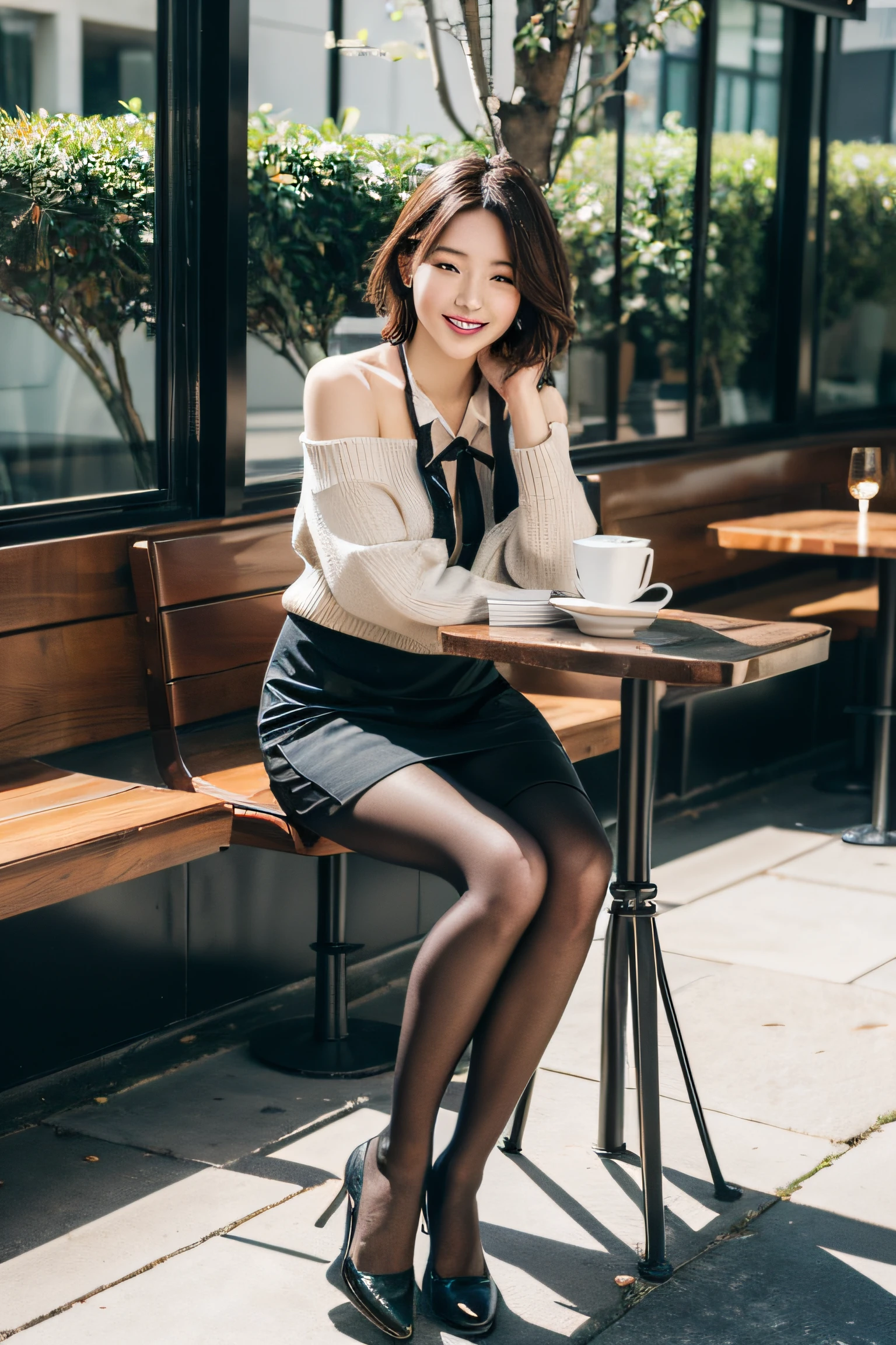 8k uhd, dslr,film grain, Fujifilm XT3,(best quality:1.3), (masterpiece:1.1), high resolution, cinematic light, intricate details, (photorealistic),outside,beautiful outside,sunny,
korean girl,(in cafe:1.5) , dimples, bobcut, looking at viewer, detailed trees, ribbons, bowties, bare shoulders, ribbed sweater, 
pencil skirt, high-waist skirt, head rest, sitting, indoors,
 necklace,black pantyhose, sheet transportation sweater, (smile),(full body:1.6),slender,