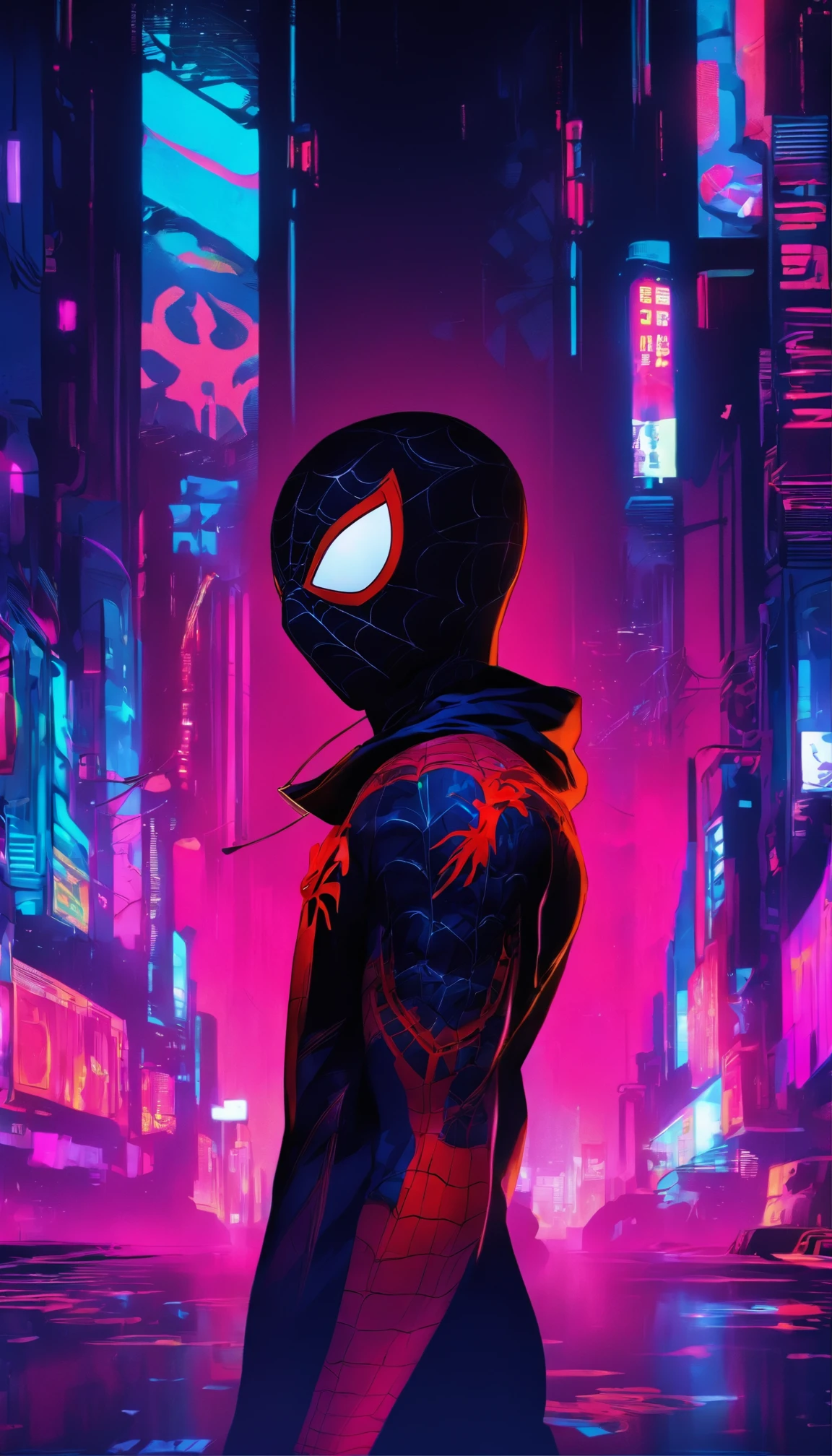 A version of miles morales spider-man in a cyberpunk dystopia, showcasing meticulous portraiture with the style of Tristan Eaton and Antony Gormley. The artwork is in 8K 3D, highlighting the metalworking mastery and the essence of Alex Maleev's style. The Android's face features highly detailed eyes, lips, and face, with long eyelashes. The scene is set in a futuristic urban environment, with neon lights and gritty textures. The colors are vibrant and vivid, enhancing the cyberpunk atmosphere. The lighting is dramatic, with strong contrasts and dynamic shadows.