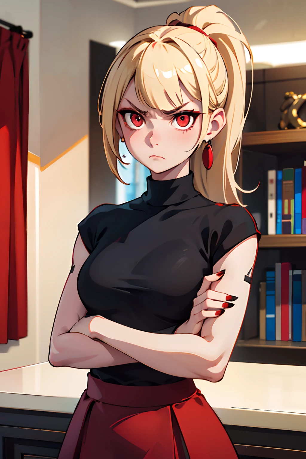 (best-quality:0.8), (best-quality:0.8), 1girl, very pale skin, sandy blonde hair, ponytail, bangs, black earrings, red nails, red eyes, red eye shadow, feminine, petite, black sweater, indoors, red skirt, facing viewer, looking at viewer, threatening, arms crossed, annoyed, closeup