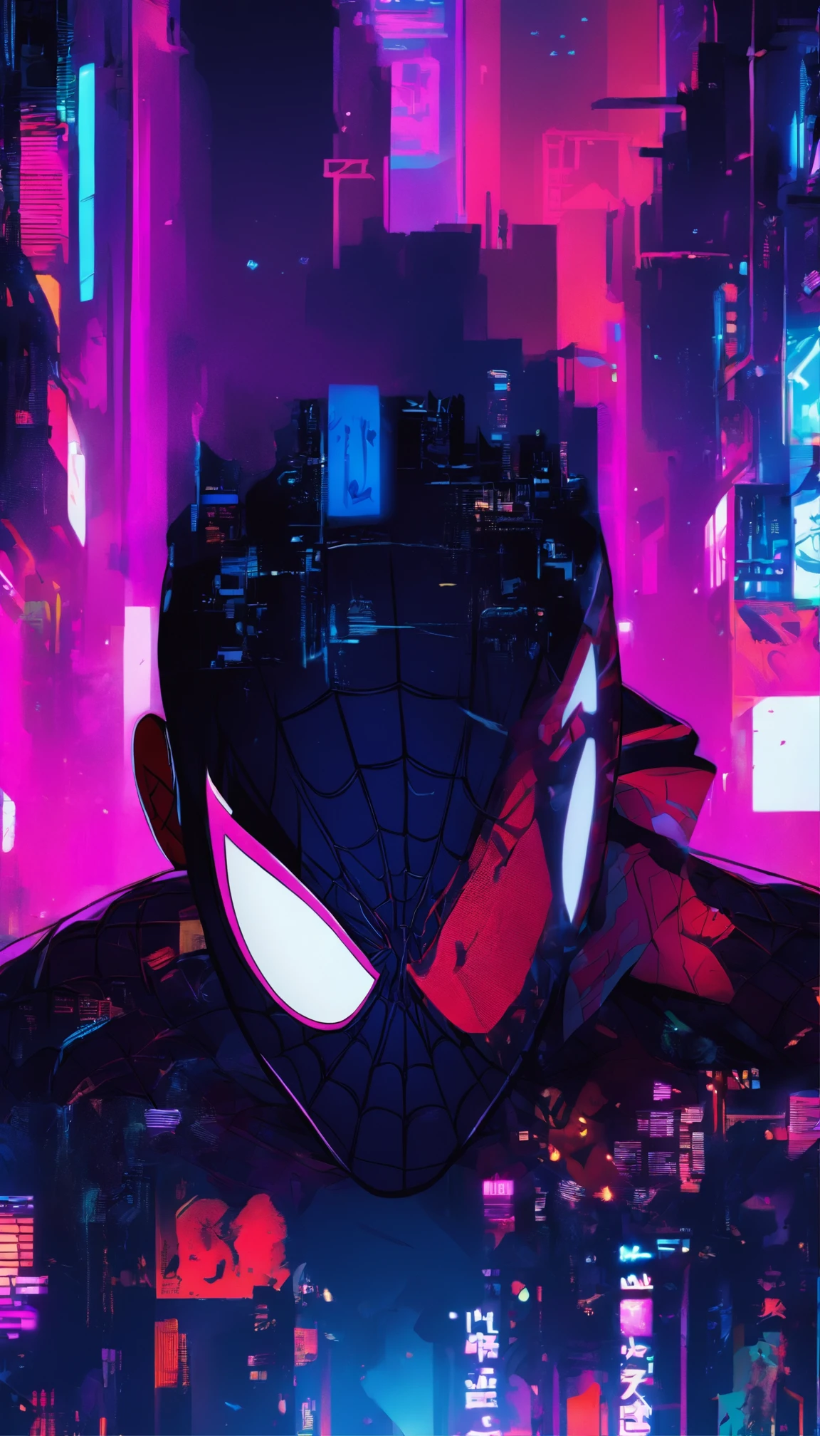 A version of miles morales spider-man in a cyberpunk dystopia, showcasing meticulous portraiture with the style of Tristan Eaton and Antony Gormley. The artwork is in 8K 3D, highlighting the metalworking mastery and the essence of Alex Maleev's style. The Android's face features highly detailed eyes, lips, and face, with long eyelashes. The scene is set in a futuristic urban environment, with neon lights and gritty textures. The colors are vibrant and vivid, enhancing the cyberpunk atmosphere. The lighting is dramatic, with strong contrasts and dynamic shadows.