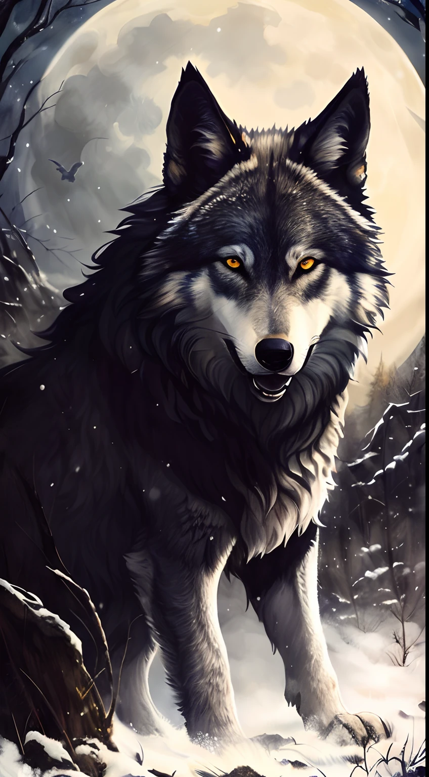 pintura de um lobo na neve com uma lua cheia no fundo, lobo, grande lobo, lobo cinzento escuro, foto de lobo, Lobo Negro, lone wolf, Ele tem olhos de lobo amarelos, retrato do lobo, Angielobo, dire wolf, Grim - Lobo, retrato do lobo da fantasia, lobo peludo, lobo, Wolp, Lobo cinzento escuro O'Donnell