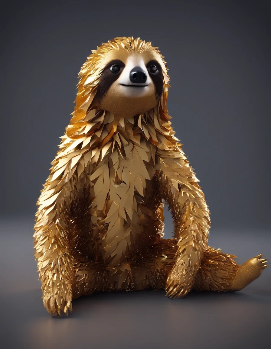 Intricate sloth made of paper origomi, hammered metal atyle, cinematic light, golden particles, shallow depth of field, dark theme, black background