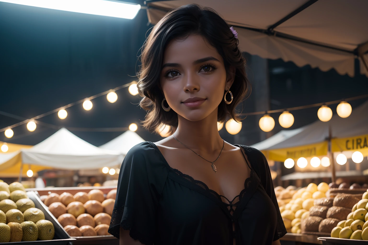Foto fotorrealista da jovem mulher do gengibre perguntando no mercado velho i Tailand, sorriso suave, Arte por Midjorney, Luminismo, Sombra intrincada final - contraste de luz, Obra-prima premiada do IPA, artistic lens, Cores quentes, arte por Tim Burton