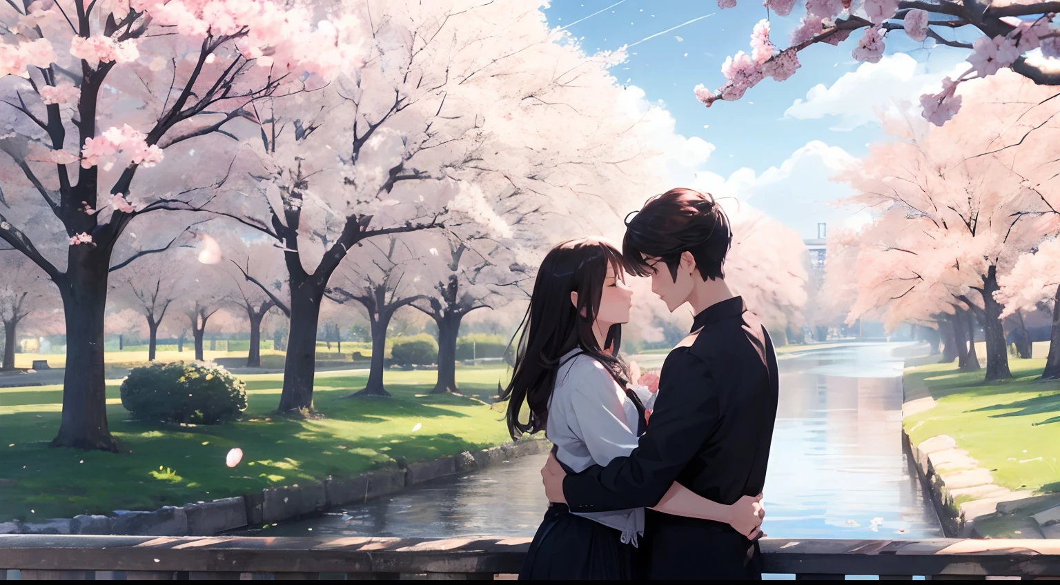 Cherry blossom trees are in full bloom on both sides of the river,Cherry blossoms are flying all over the sky,Boys and girls,
We know that our love is the best,
Because we lie in each other's arms,
When stars come out to play.