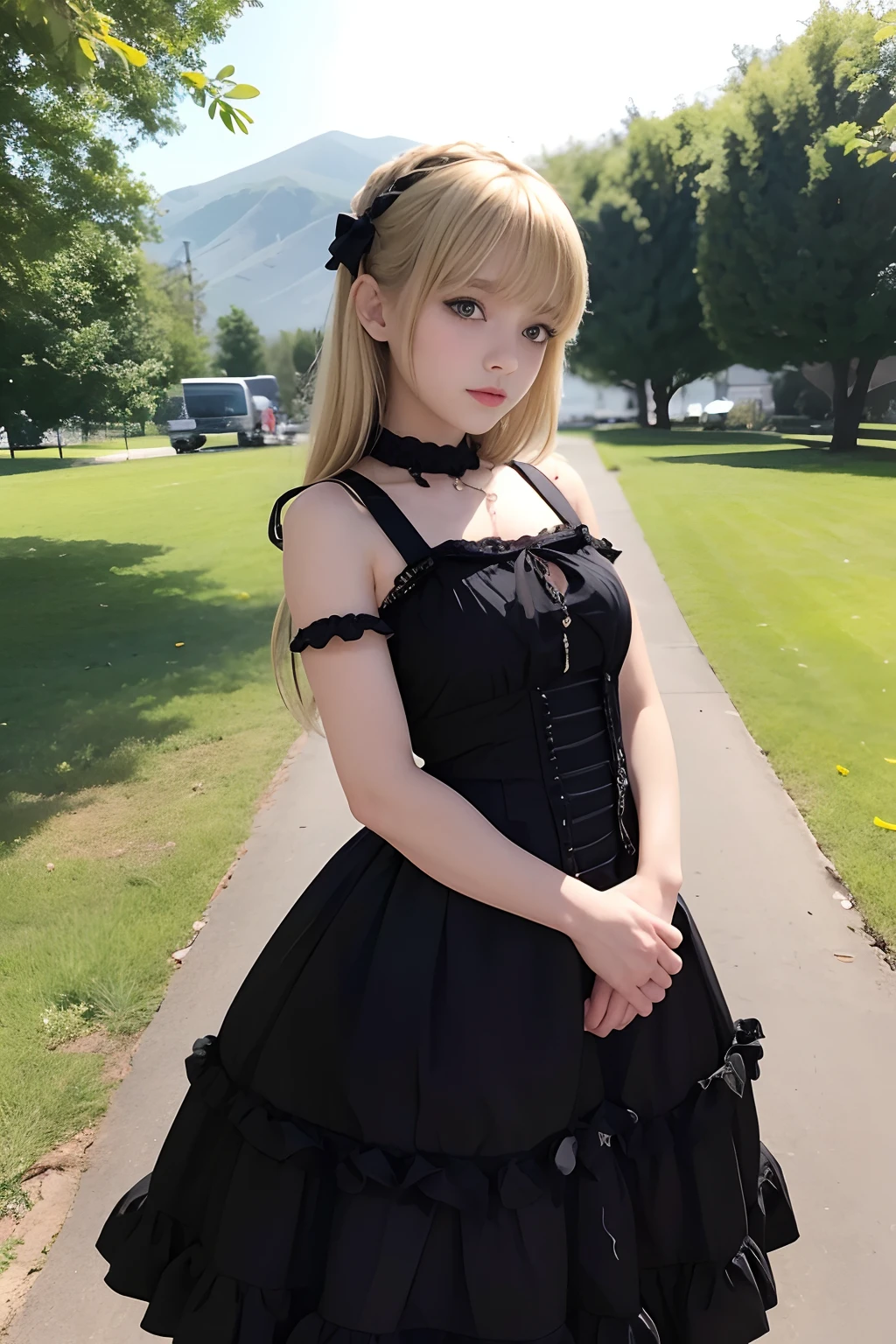 A girl,16 year old,blonde,(bangs bangs),pretty face,muscular arms,Gothic and Lolita dress