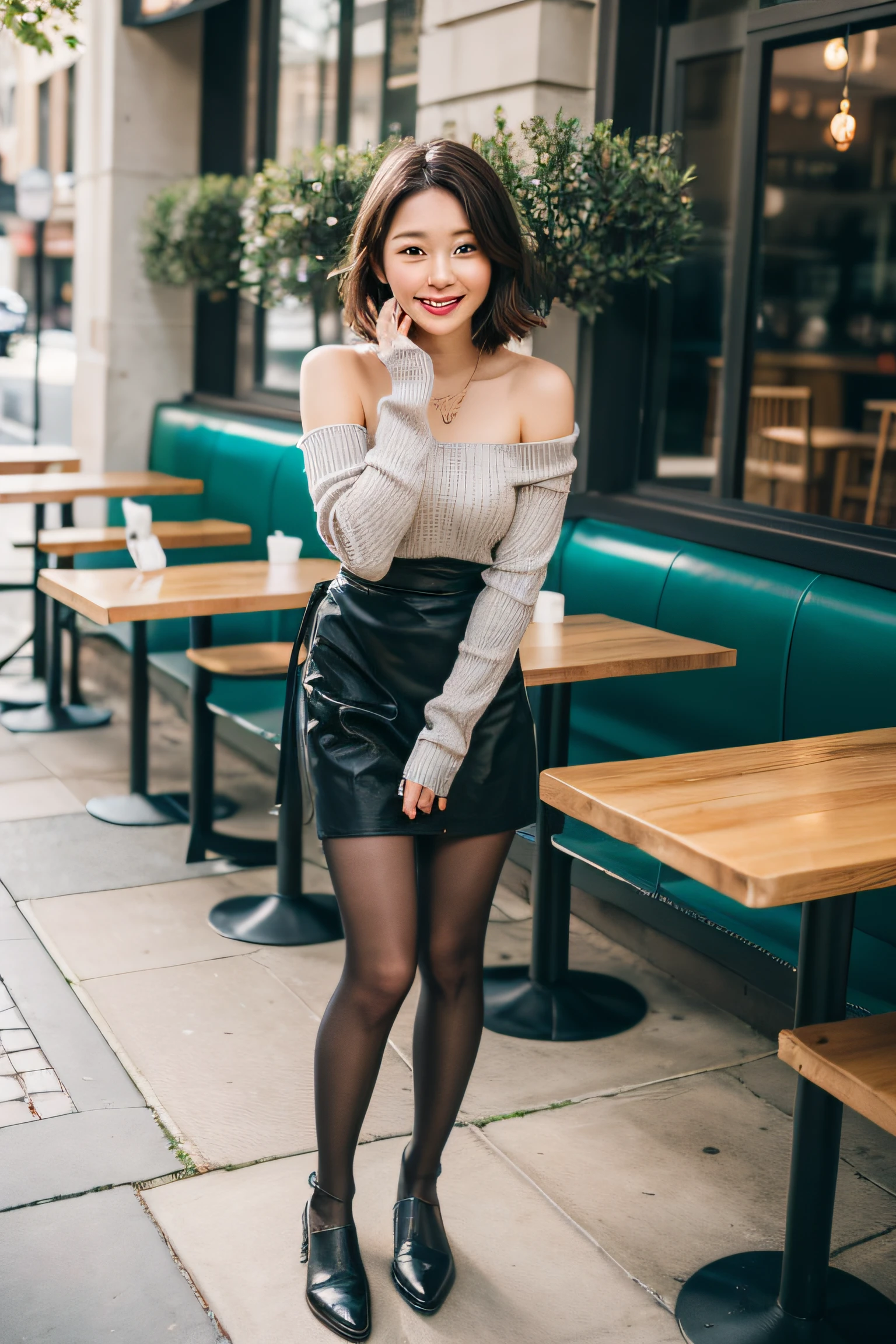 8k uhd, dslr,film grain, Fujifilm XT3,(best quality:1.3), (masterpiece:1.1), high resolution, cinematic light, intricate details, (photorealistic),outside,beautiful outside,sunny,
korean girl,(in cafe:1.5) , dimples, bobcut, looking at viewer, detailed trees, ribbons, bowties, bare shoulders, ribbed sweater, 
pencil skirt, high-waist skirt, head rest, sitting, indoors,
 necklace,black pantyhose, sheet transportation sweater, (smile),(full body:1.6),slender,