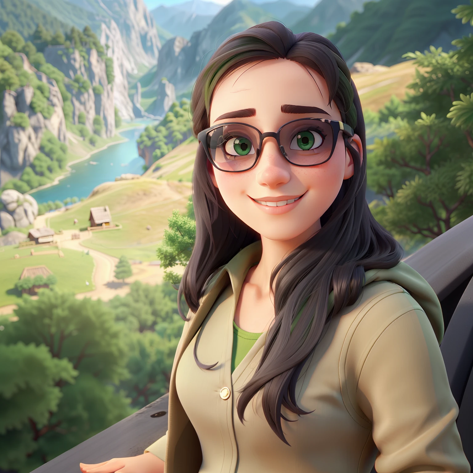 A young woman in sunglasses on a sunny day and mountains background with lots of green